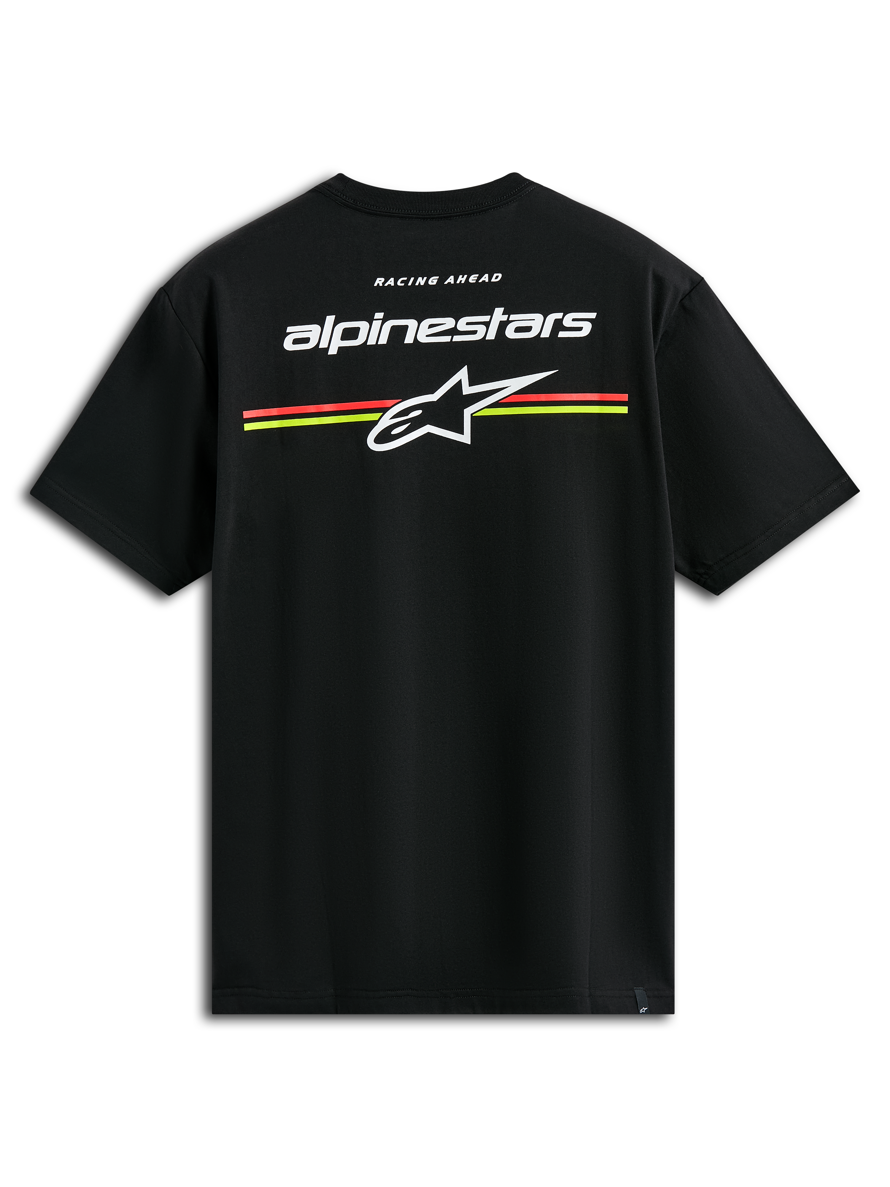 T-shirt Alpinestars Lanes CSF, t-shirt à manches courtes, noir, logos Alpinestars et Astars blancs avec rayures horizontales orange et jaunes au dos, vêtement streetwear de sport motorisé décontracté
