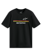 Alpinestars Lanes CSF Tee, t-shirt à manches courtes, noir, logos Astars et Alpinestars blancs avec rayures rouges et jaunes, vêtement streetwear décontracté de sport automobile