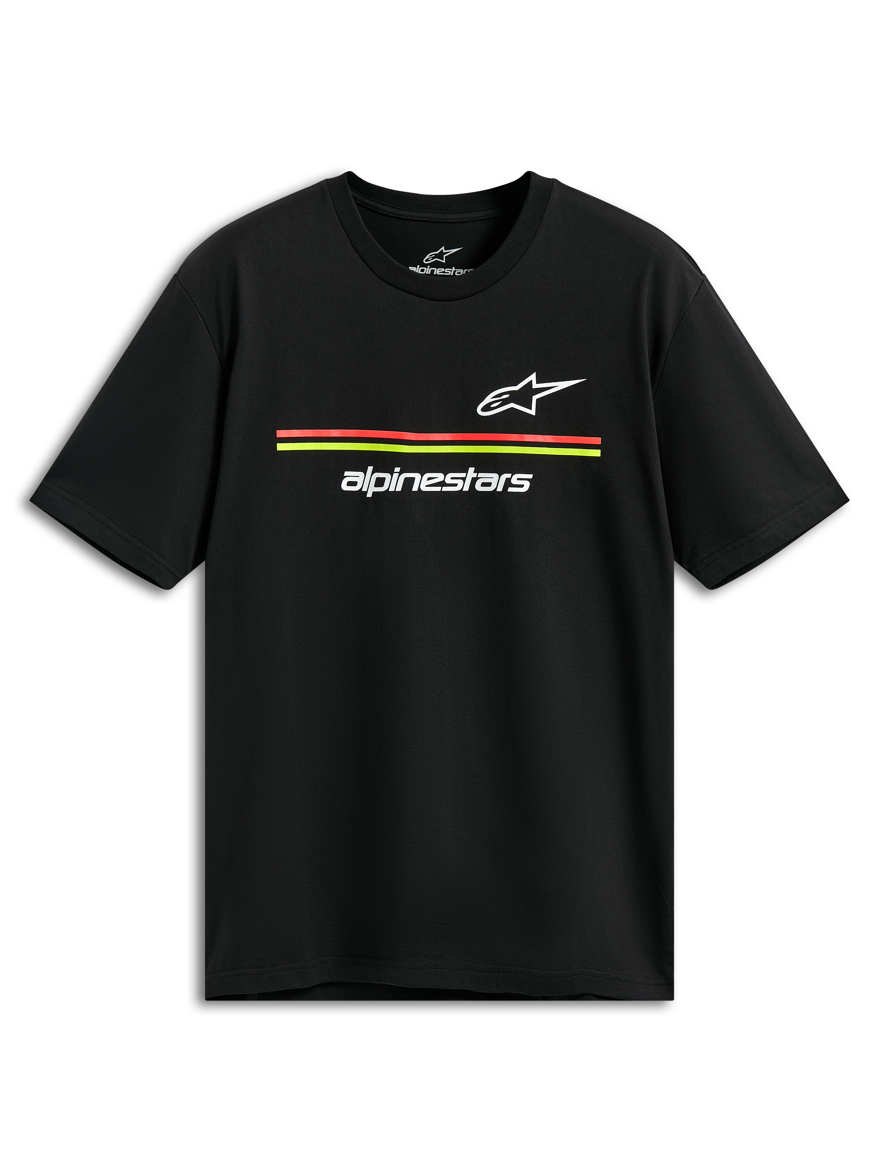 Alpinestars Lanes CSF Tee, t-shirt à manches courtes, noir, logos Astars et Alpinestars blancs avec rayures rouges et jaunes, vêtement streetwear décontracté de sport automobile