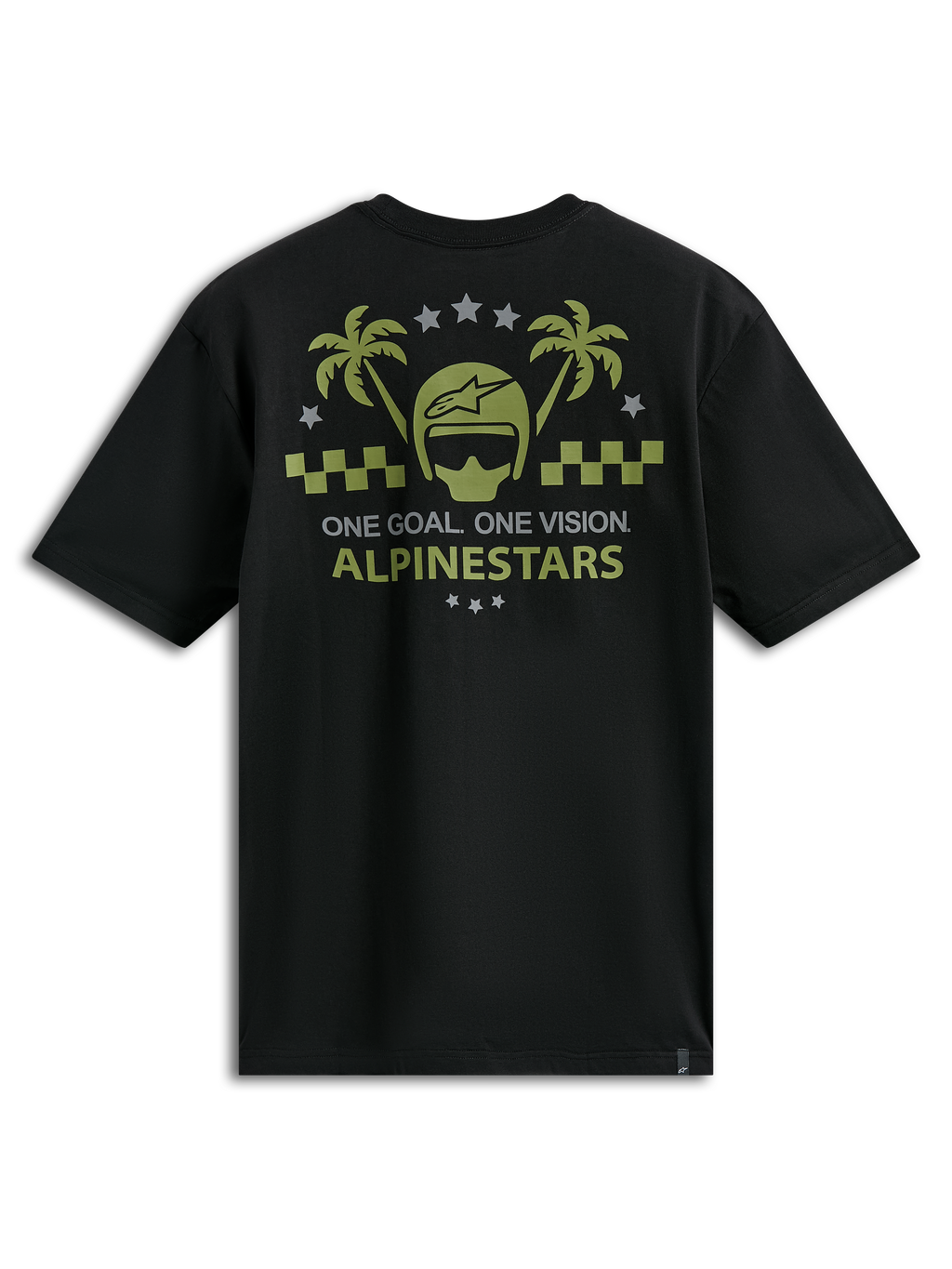 Alpinestars Order CSF Tee, t-shirt à manches courtes, noir, motif graphique vert olive et gris avec casque et palmiers, texte « One Goal One Vision », vêtement de sport automobile décontracté