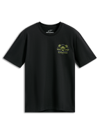 T-shirt Alpinestars Order CSF, t-shirt à manches courtes, noir, graphisme jaune et vert sur la poitrine avec casque et palmiers, texte « One Goal One Vision », streetwear décontracté inspiré des sports mécaniques