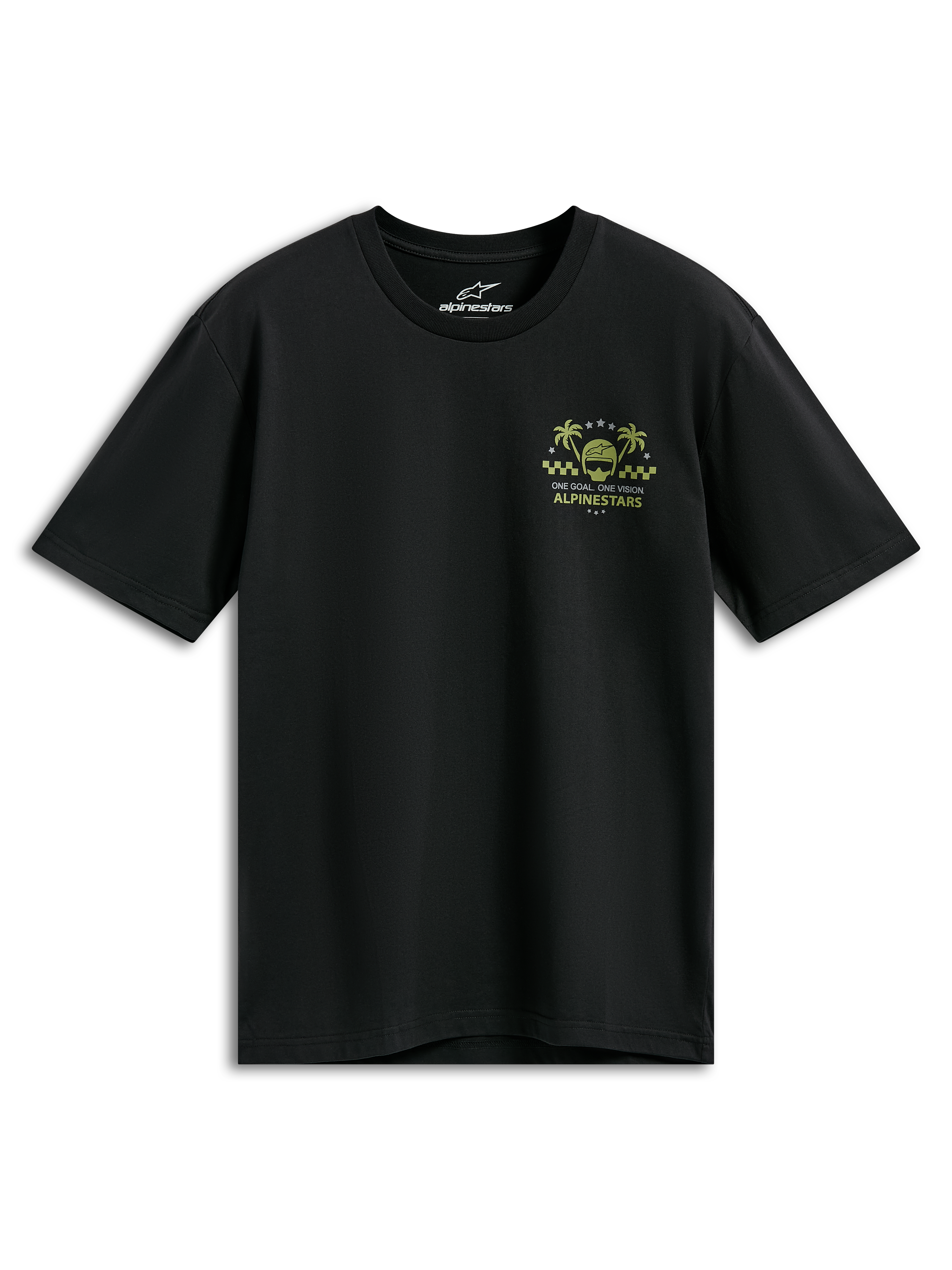 T-shirt Alpinestars Order CSF, t-shirt à manches courtes, noir, graphisme jaune et vert sur la poitrine avec casque et palmiers, texte « One Goal One Vision », streetwear décontracté inspiré des sports mécaniques