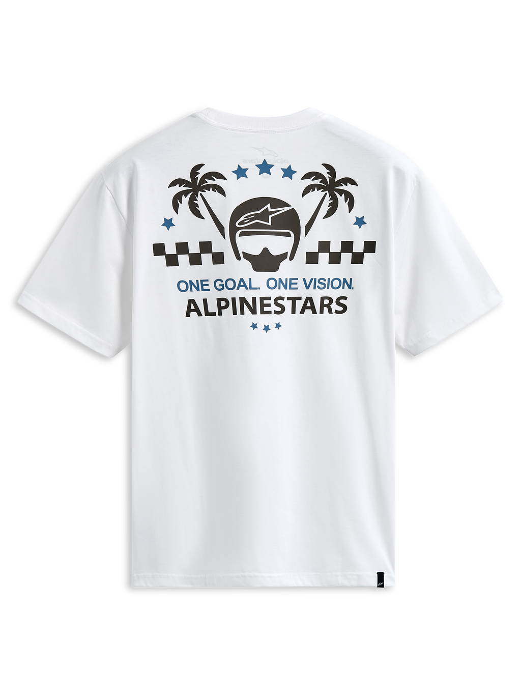 Alpinestars Order CSF Tee, t-shirt à manches courtes, blanc, graphique au dos avec casque et palmiers, texte One Goal One Vision, streetwear de sport automobile décontracté
