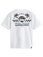 Alpinestars Order CSF Tee, t-shirt à manches courtes, blanc, graphique au dos avec casque et palmiers, texte One Goal One Vision, streetwear de sport automobile décontracté