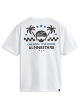 Alpinestars Order CSF Tee, Short Sleeve T-Shirt, White, Back Graphic with Helmet and Palm Trees, One Goal One Vision Text, Casual Motorsport Streetwear