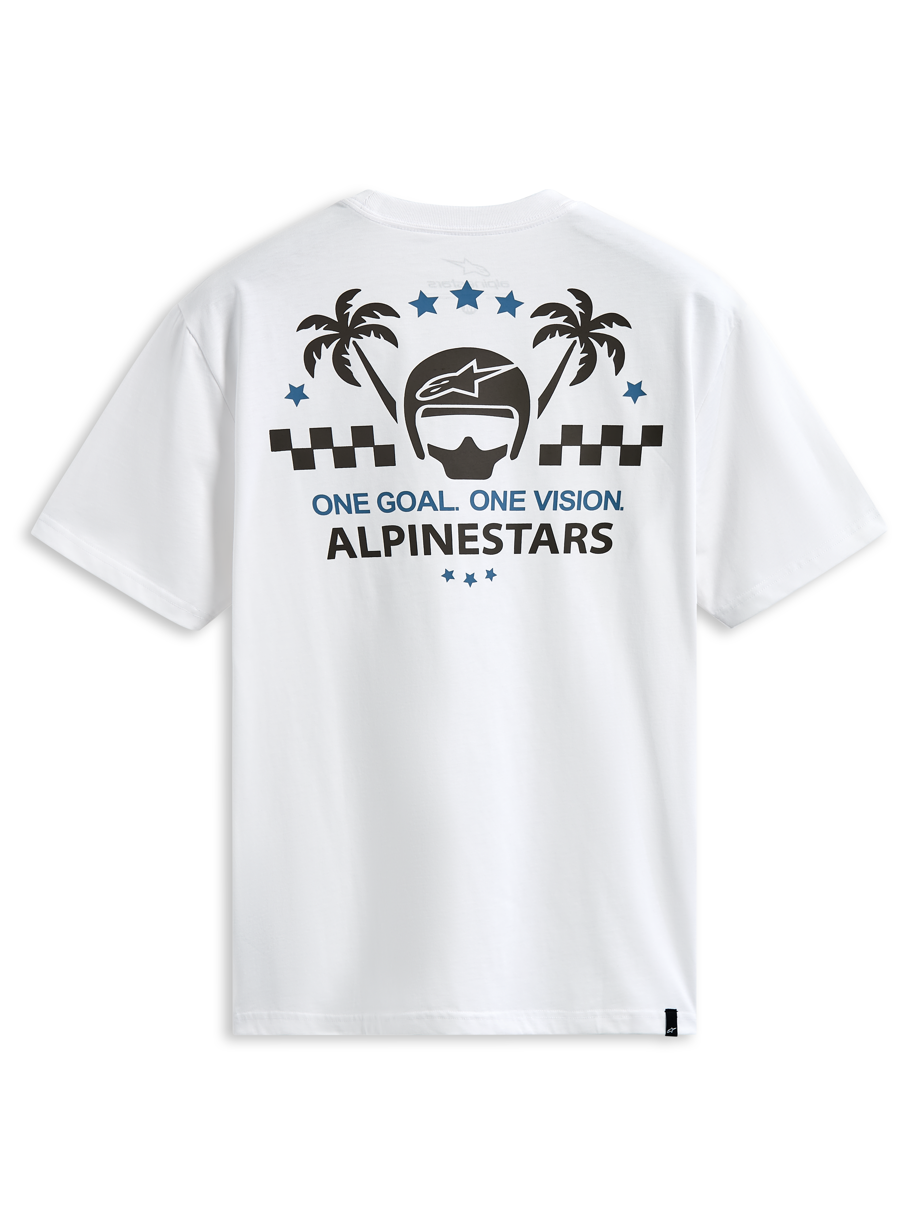Alpinestars Order CSF Tee, t-shirt à manches courtes, blanc, graphique au dos avec casque et palmiers, texte One Goal One Vision, streetwear de sport automobile décontracté