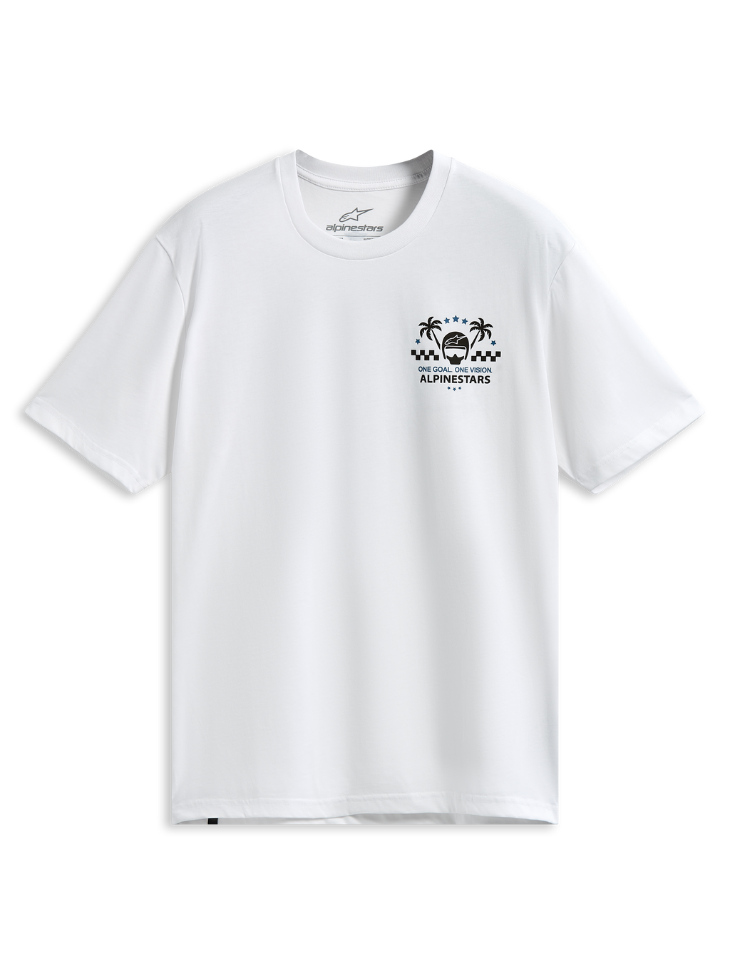 Alpinestars Order CSF Tee, t-shirt à manches courtes, blanc, motif sur la poitrine avec palmiers et casque de course, texte One Goal One Vision, sportswear décontracté inspiré du sport automobile