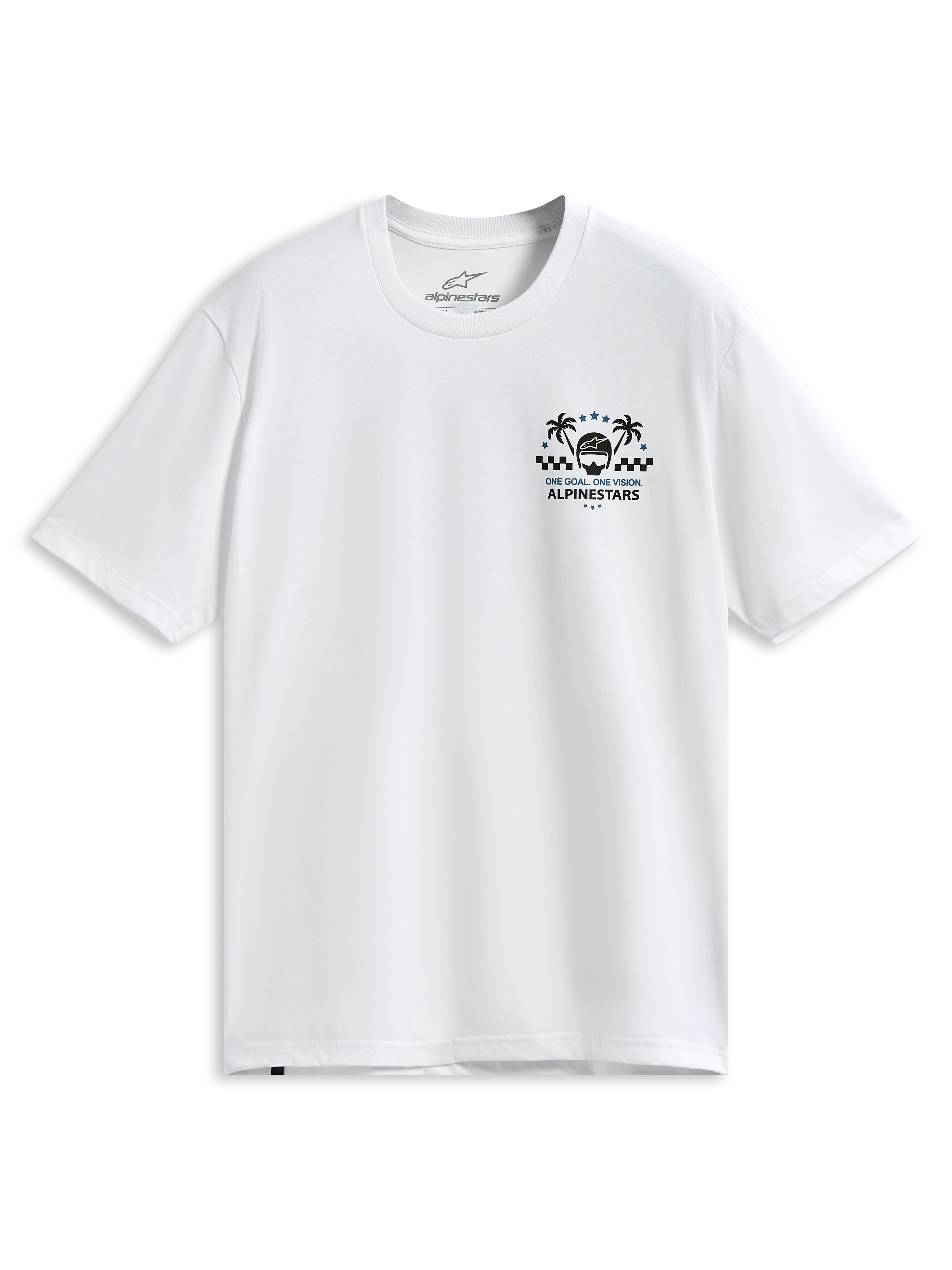 Alpinestars Order CSF Tee, t-shirt à manches courtes, blanc, motif sur la poitrine avec palmiers et casque de course, texte One Goal One Vision, sportswear décontracté inspiré du sport automobile