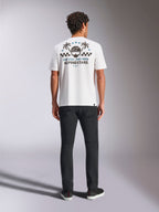 Alpinestars Order CSF Tee, t-shirt à manches courtes, blanc, vue arrière avec graphisme de casque et de palmiers, motif à damier et logo Alpinestars, sportswear décontracté motorsport