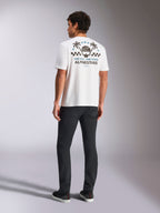 Alpinestars Order CSF Tee, t-shirt à manches courtes, blanc, vue de dos avec graphisme de palmiers et de casque, slogan « One Goal One Vision », streetwear décontracté.