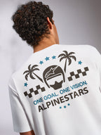 T-shirt Alpinestars Order CSF, t-shirt à manches courtes, blanc, vue de dos avec motif graphique comprenant un casque, des palmiers et le texte « ONE GOAL. ONE VISION. », vêtement sportswear décontracté