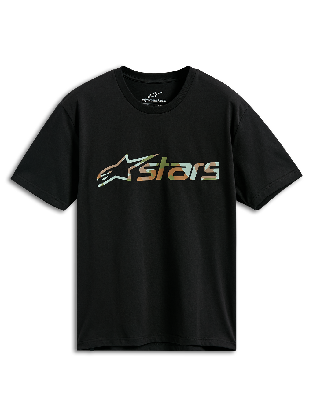 T-shirt Alpinestars Verdure Camo CSF, t-shirt à manches courtes, noir, logo Astars avec remplissage camouflage, streetwear décontracté de sport automobile