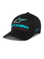 Alpinestars Instinct Hat, Black Baseball Cap with Curved Bill, Teal Alpinestars Logo and Striped Star on Front, Red 'Racing Ahead' Text, Teal Side Logo Embroidery, Casual Motorsport Headwear