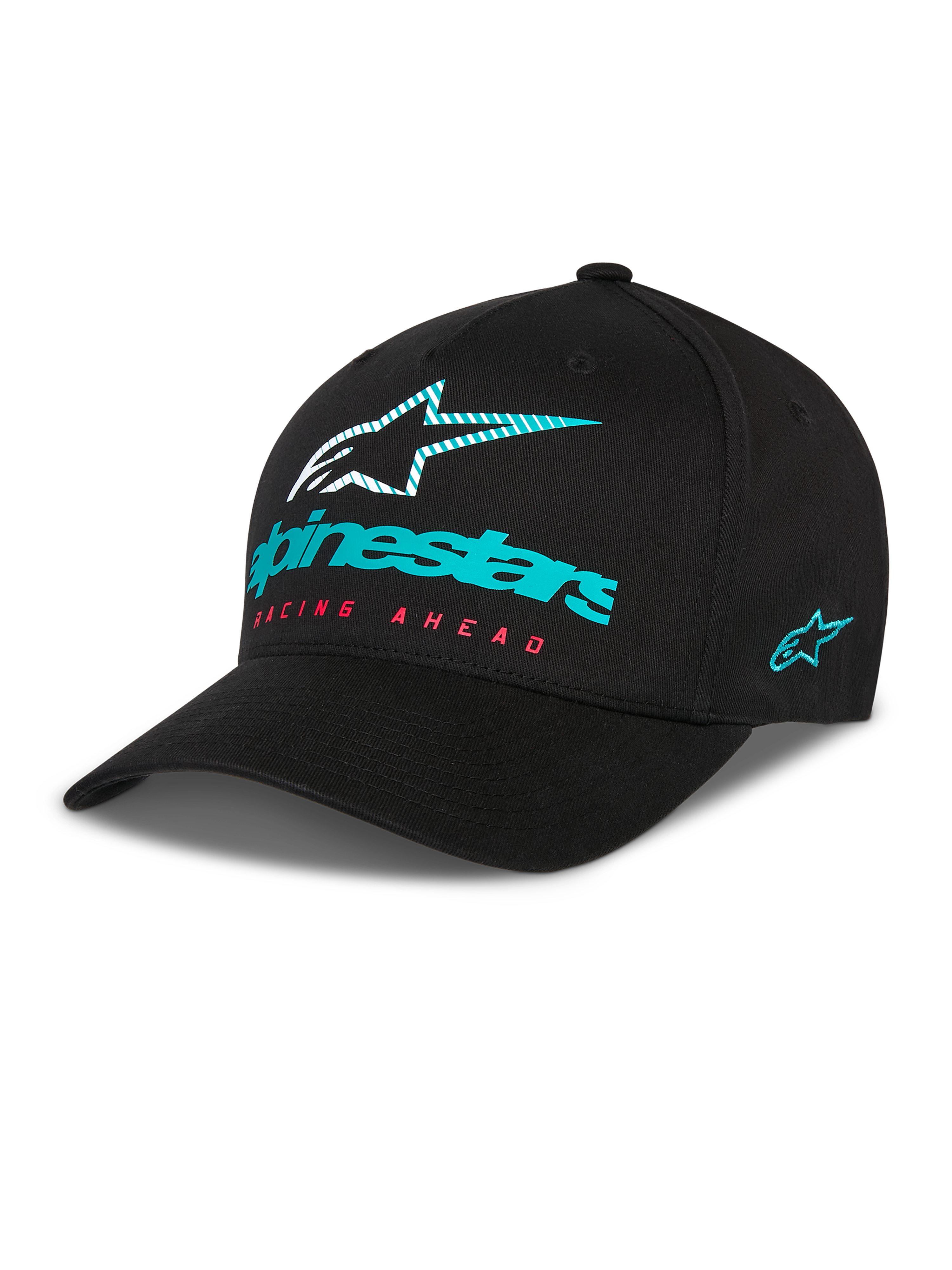 Casquette Alpinestars Instinct, casquette de baseball noire avec visière incurvée, logo Alpinestars turquoise et étoile rayée sur le devant, texte « Racing Ahead » rouge, broderie du logo turquoise sur le côté, couvre-chef décontracté de sport automobile