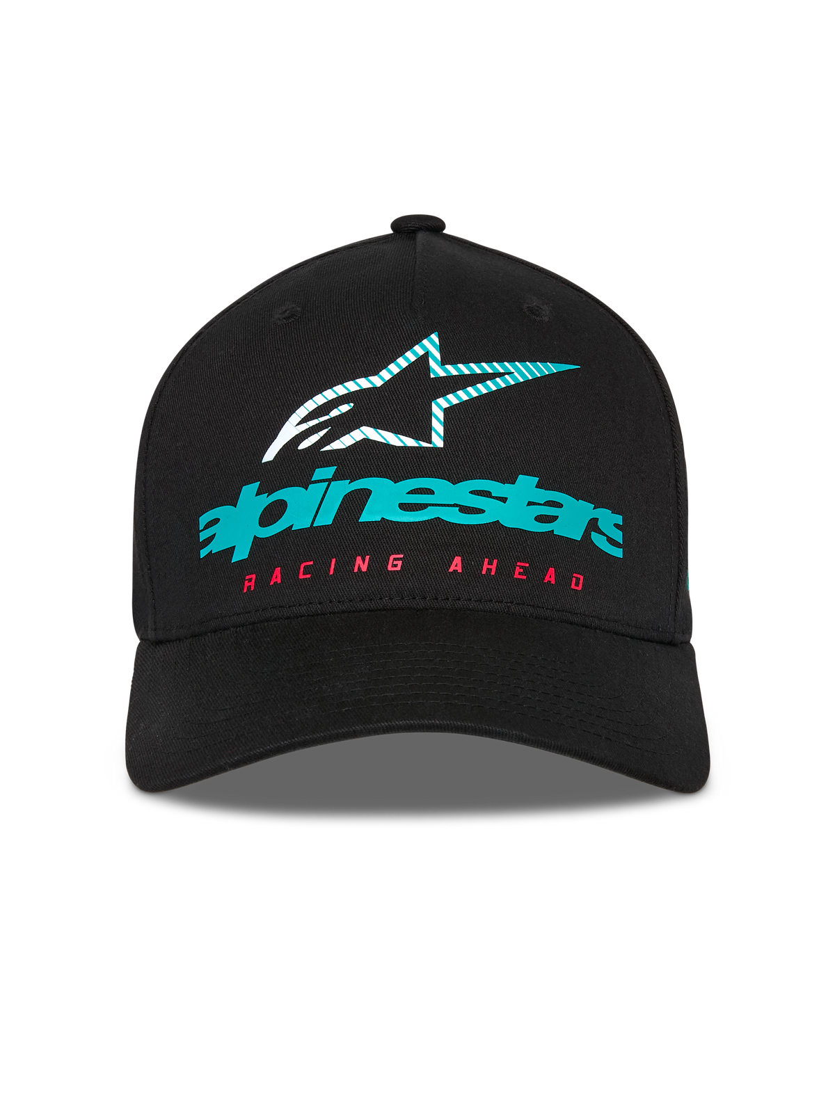 Casquette Alpinestars Instinct, casquette de baseball structurée, noire, avec logo Alpinestars bleu sarcelle, étoile rayée et texte rouge 'RACING AHEAD', visière incurvée, style streetwear décontracté motorsport