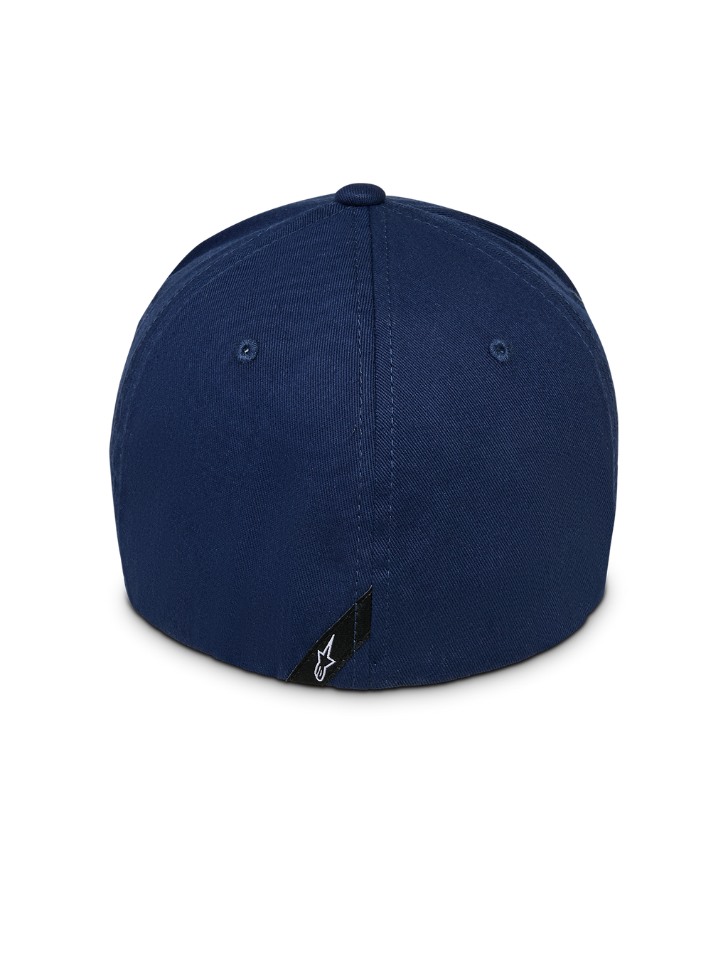 Casquette Alpinestars Instinct, casquette de baseball bleu marine, vue arrière montrant la couronne structurée et le dos flexible, dotée d'une petite étiquette noire avec le logo étoile Astars blanc sur le bord inférieur