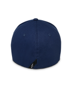 Casquette Alpinestars Instinct, casquette de baseball bleu marine, vue arrière montrant la couronne structurée et le dos flexible, dotée d'une petite étiquette noire avec le logo étoile Astars blanc sur le bord inférieur