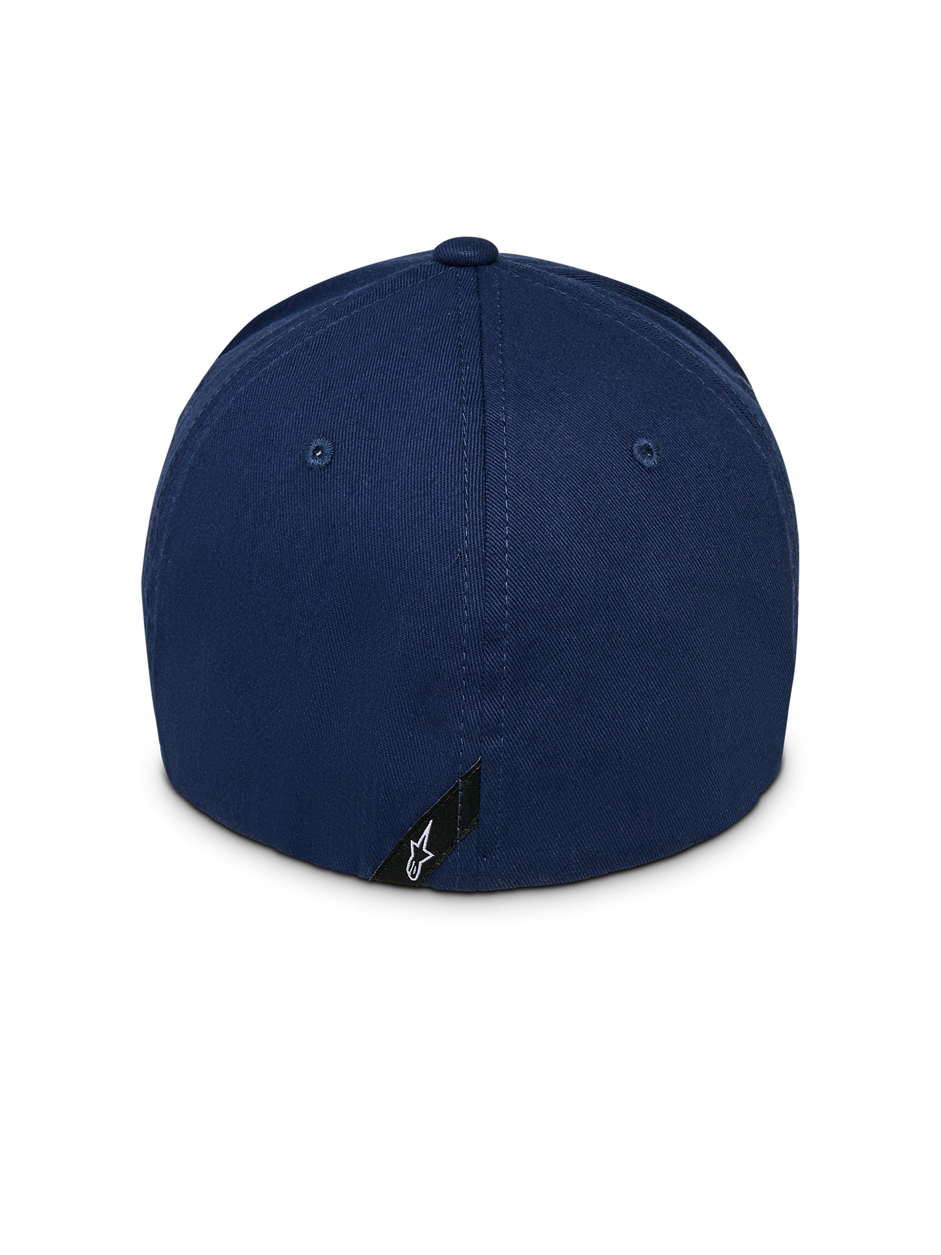 Casquette Alpinestars Instinct, casquette de baseball bleu marine, vue arrière montrant la couronne structurée et le dos flexible, dotée d'une petite étiquette noire avec le logo étoile Astars blanc sur le bord inférieur