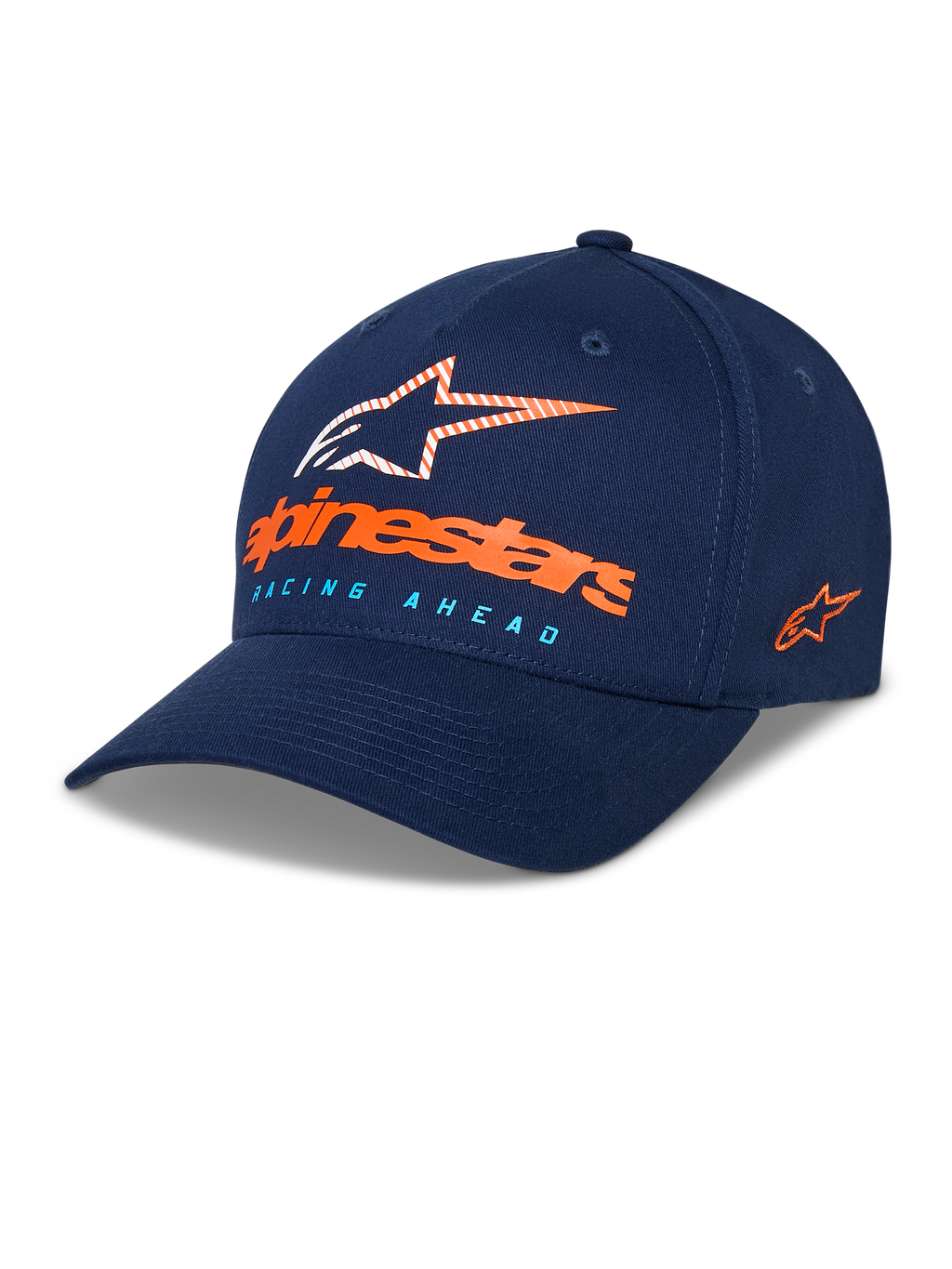 Casquette Alpinestars Instinct, casquette de baseball bleu marine, visière incurvée avec couronne structurée, logo Astars à l'avant avec lettrage orange et texte « Racing Ahead » bleu clair, logo brodé sur le côté, accessoire sportswear décontracté