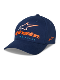 Casquette Alpinestars Instinct, casquette de baseball bleu marine, visière incurvée avec couronne structurée, logo Astars à l'avant avec lettrage orange et texte « Racing Ahead » bleu clair, logo brodé sur le côté, accessoire sportswear décontracté