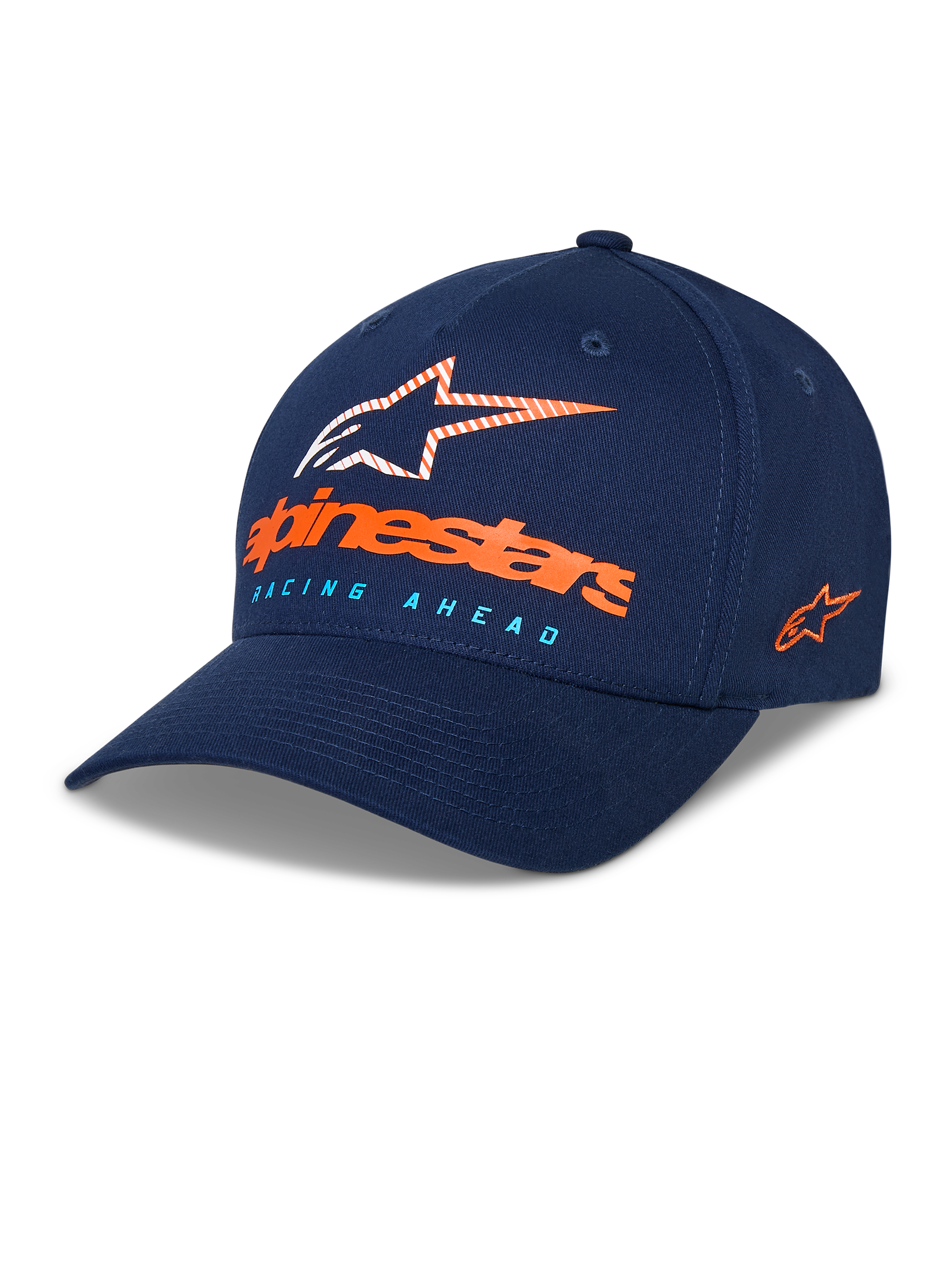 Casquette Alpinestars Instinct, casquette de baseball bleu marine, visière incurvée avec couronne structurée, logo Astars à l'avant avec lettrage orange et texte « Racing Ahead » bleu clair, logo brodé sur le côté, accessoire sportswear décontracté