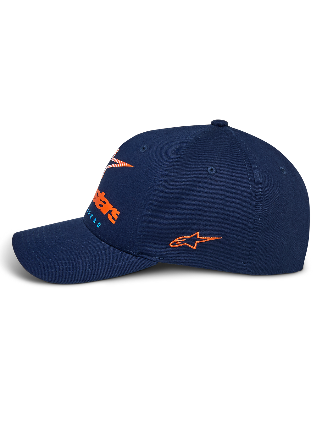 Casquette Instinct Alpinestars, casquette sportswear bleu marine, vue de profil avec visière incurvée, logo latéral brodé orange, logo frontal avec impression en dégradé orange, couronne en tissu sergé structuré