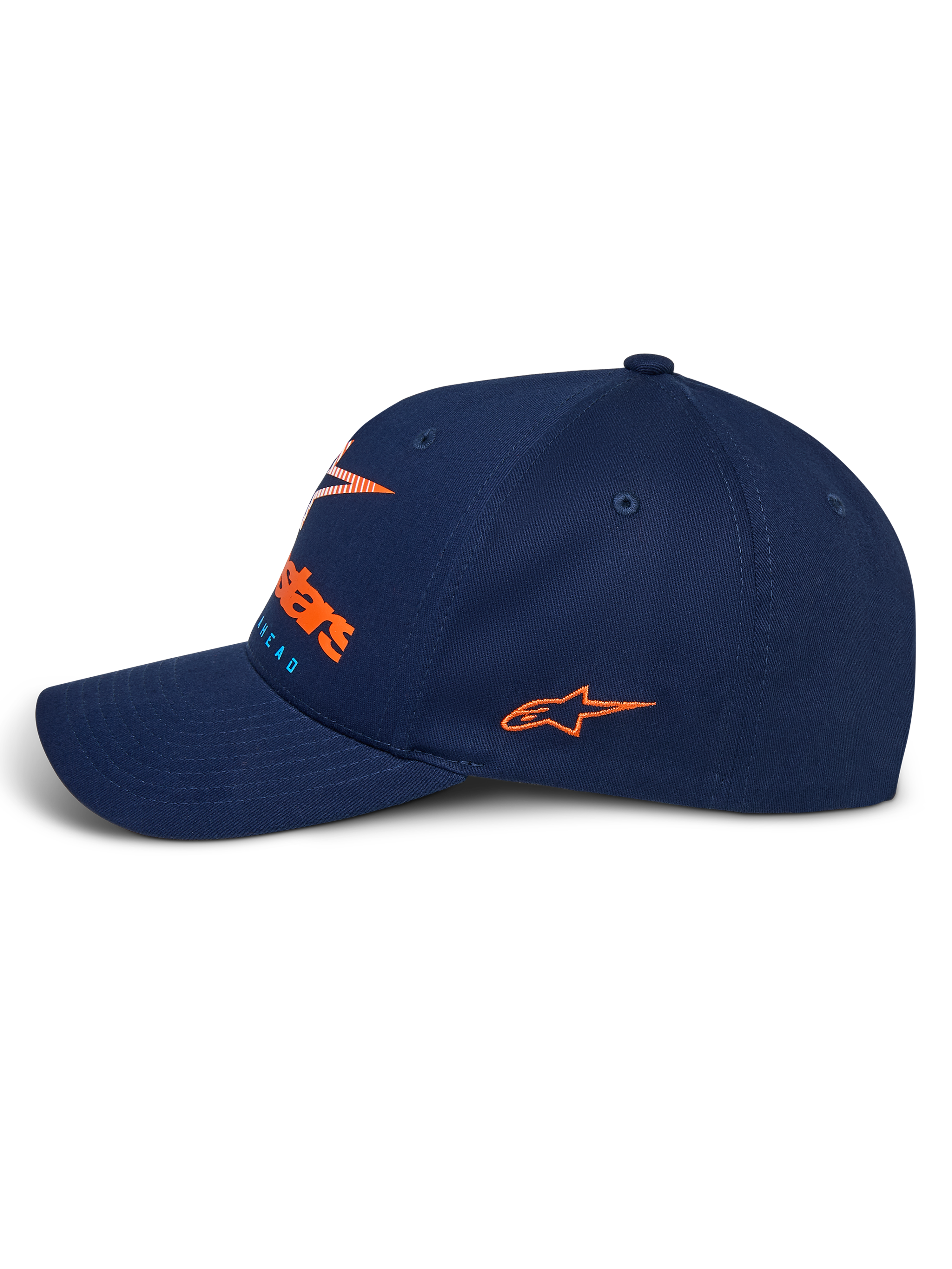 Casquette Instinct Alpinestars, casquette sportswear bleu marine, vue de profil avec visière incurvée, logo latéral brodé orange, logo frontal avec impression en dégradé orange, couronne en tissu sergé structuré