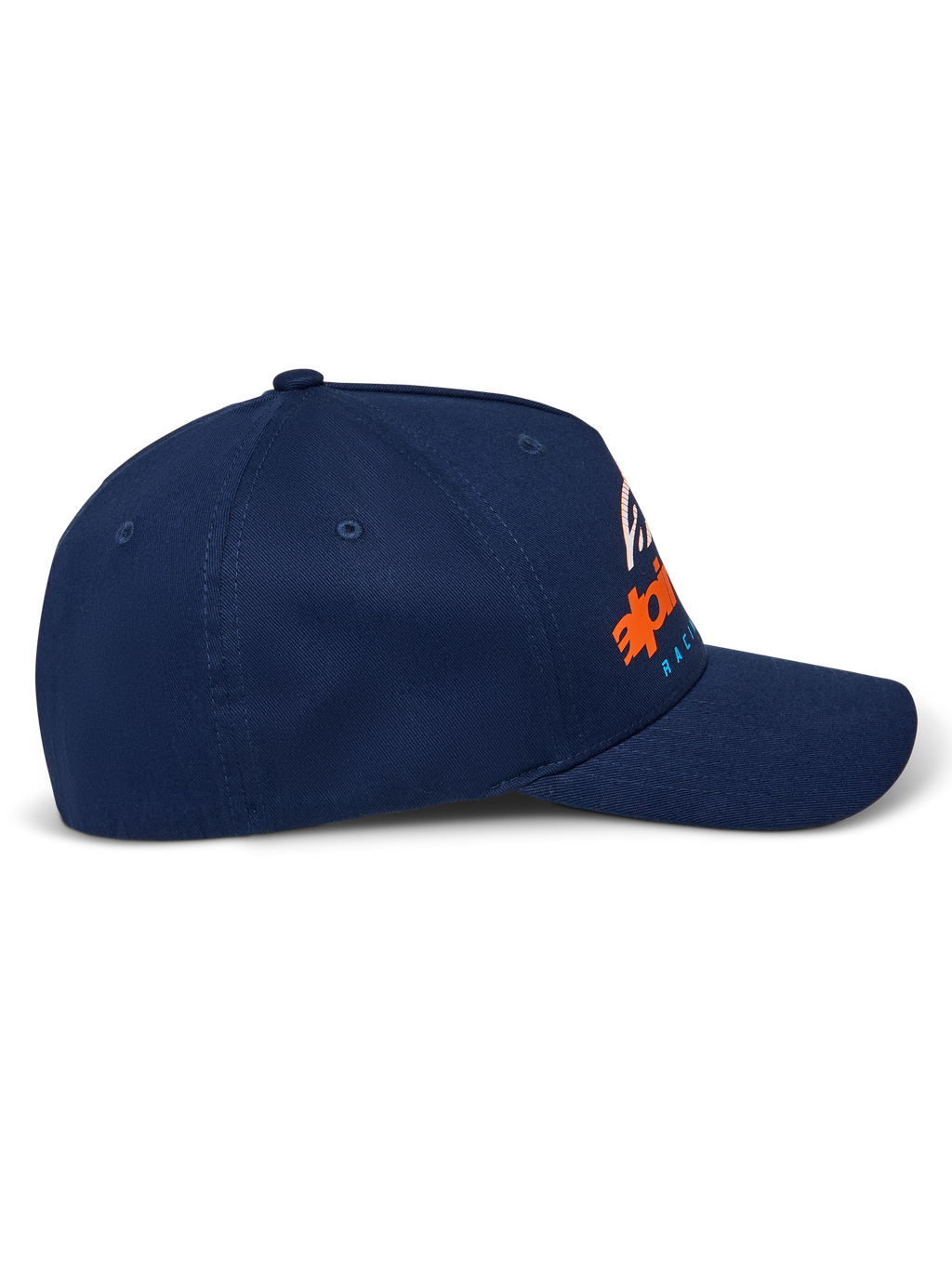 Casquette Alpinestars Instinct, bleu marine, visière incurvée avec couronne structurée, vue de profil avec logo imprimé en dégradé orange et bleu, style sportswear décontracté