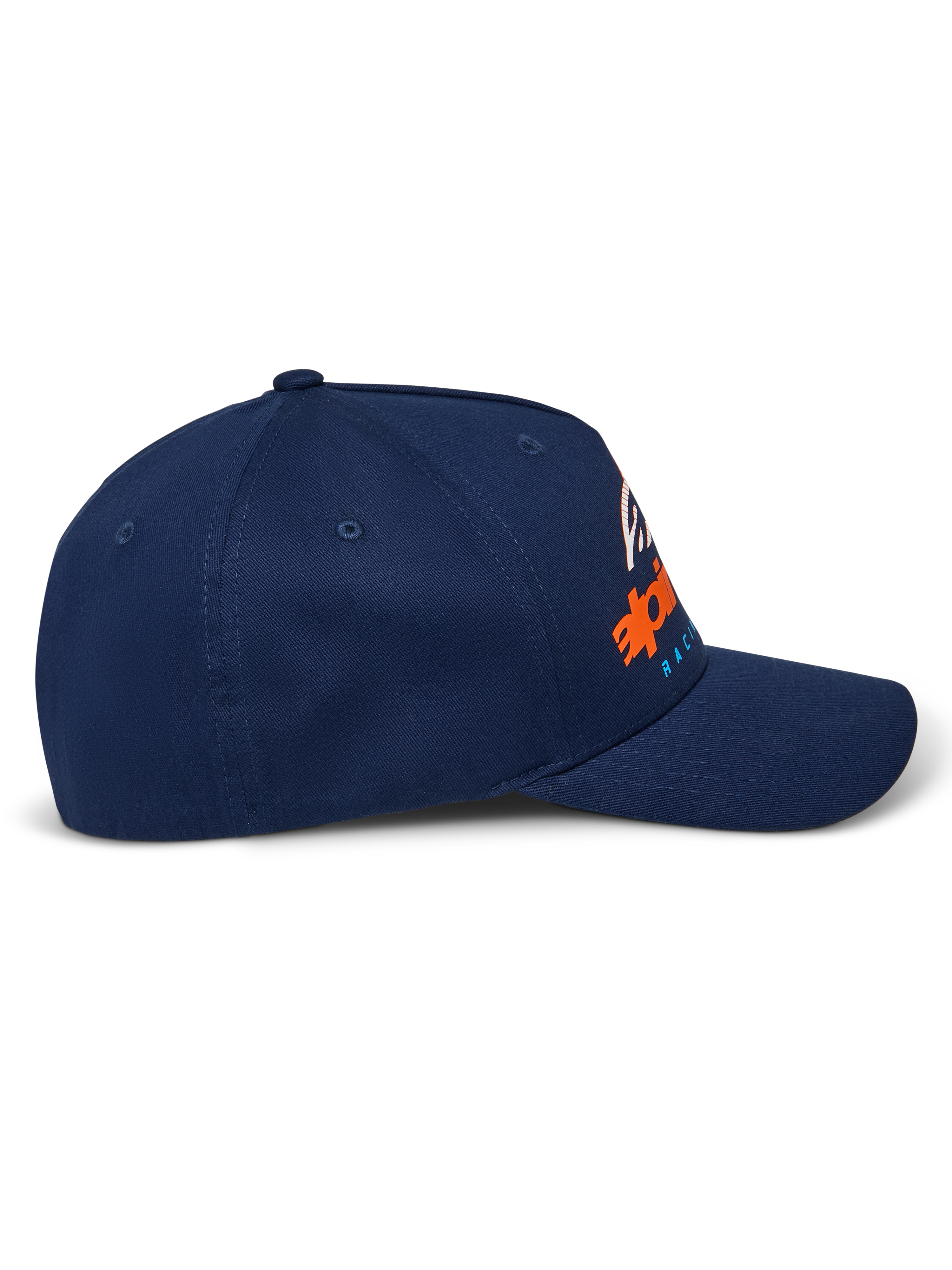 Casquette Alpinestars Instinct, bleu marine, visière incurvée avec couronne structurée, vue de profil avec logo imprimé en dégradé orange et bleu, style sportswear décontracté