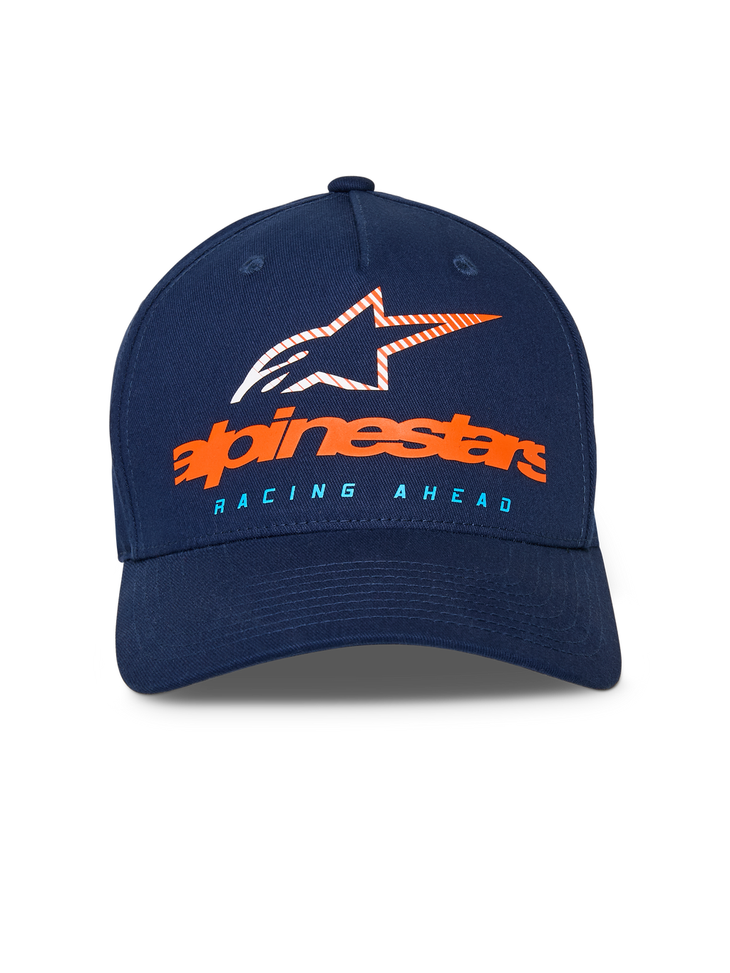 Casquette Alpinestars Instinct, casquette de baseball bleu marine, visière incurvée avec couronne structurée, logo Alpinestars orange et logo étoile rayé sur le devant, texte « RACING AHEAD » bleu clair, sportswear décontracté