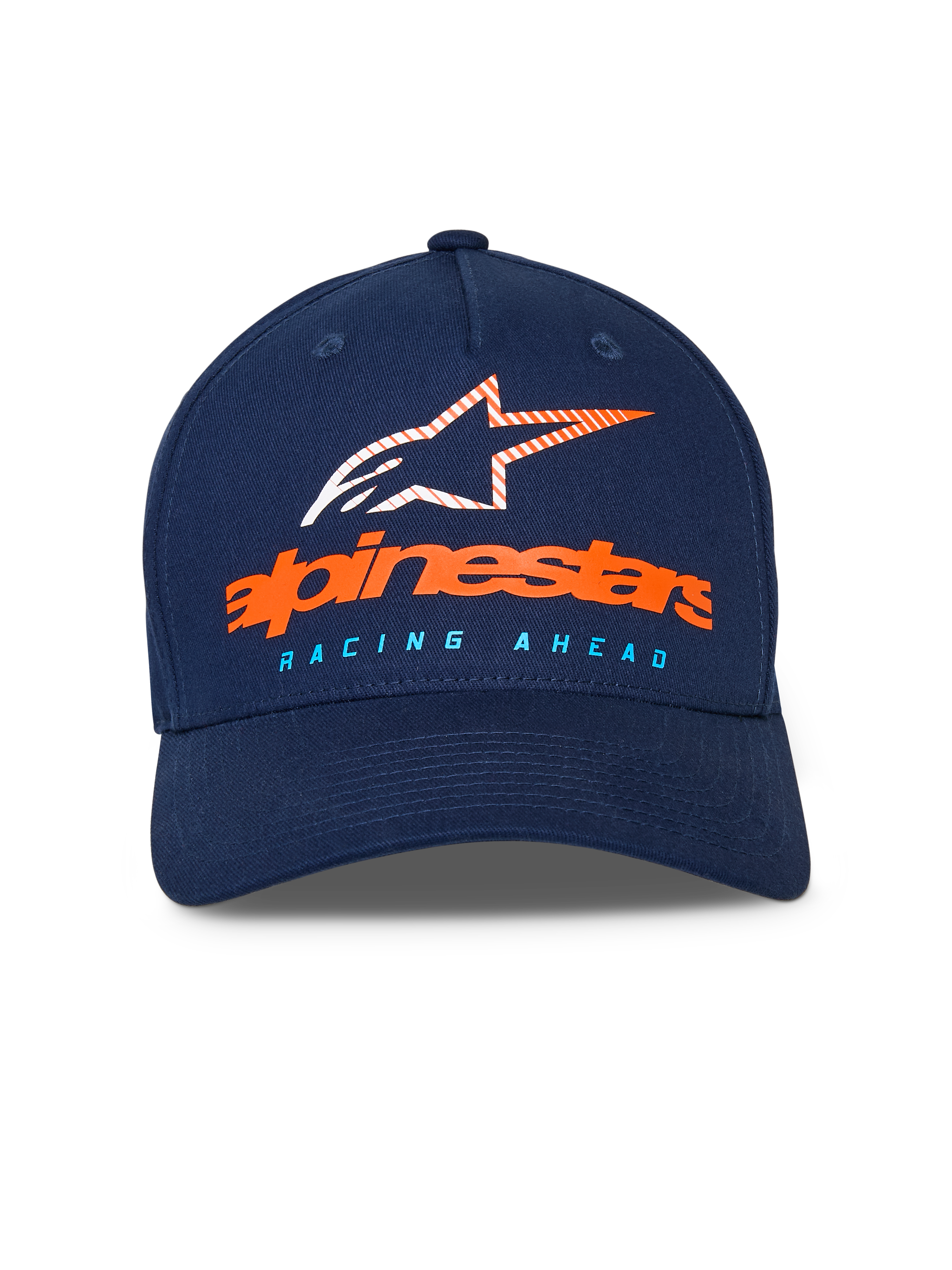 Casquette Alpinestars Instinct, casquette de baseball bleu marine, visière incurvée avec couronne structurée, logo Alpinestars orange et logo étoile rayé sur le devant, texte « RACING AHEAD » bleu clair, sportswear décontracté