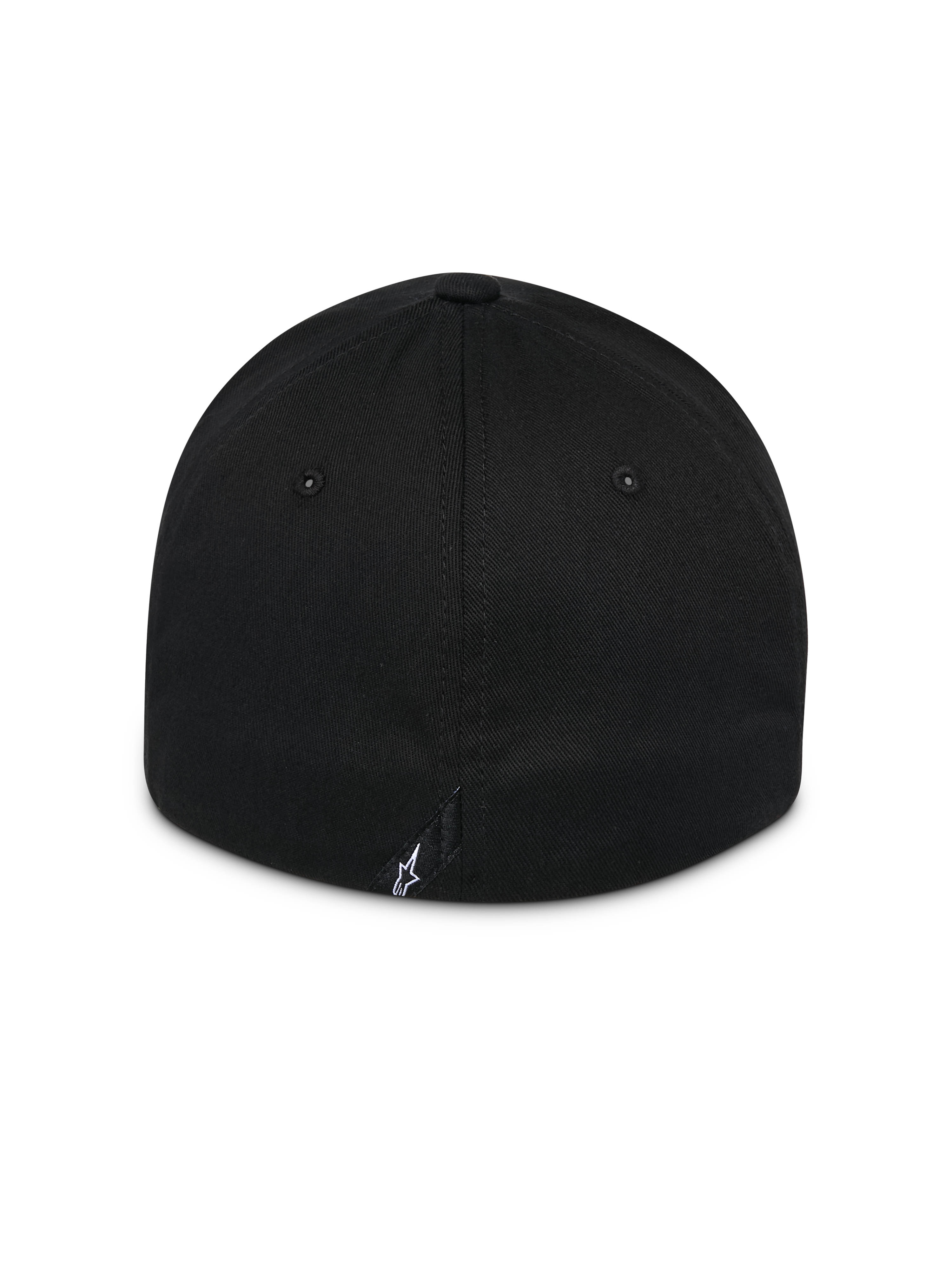 Casquette Alpinestars Surpass, noire, vue arrière d'une casquette à visière incurvée avec couronne structurée, modèle flexible, petit logo Astars blanc sur l'étiquette arrière, couvre-chef sportswear décontracté