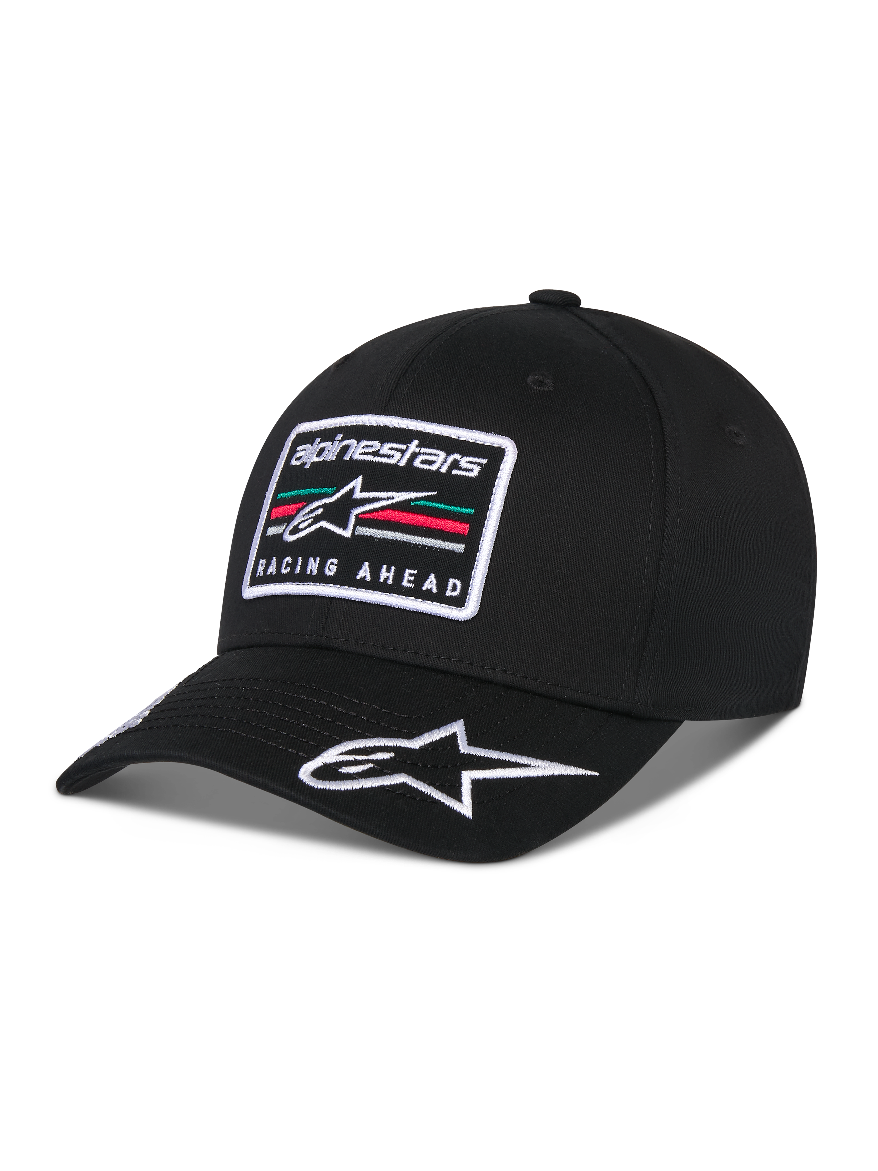Casquette Alpinestars Surpass, casquette de baseball à visière incurvée, noire, dotée d'un écusson rectangulaire brodé sur le devant avec le logo Astars et le texte « Racing Ahead », logo blanc brodé sur la visière, couronne structurée et tissu en sergé pour un style streetwear décontracté inspiré du sport automobile.