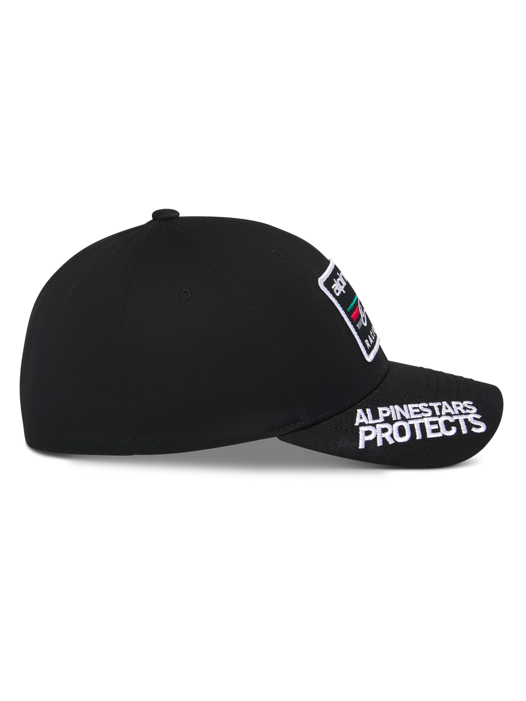 Casquette Alpinestars Surpass, noire, vue de profil, visière incurvée avec broderie blanche 'ALPINESTARS PROTECTS', couronne structurée avec écusson logo sur le devant, accessoire sportswear d'inspiration motorsport