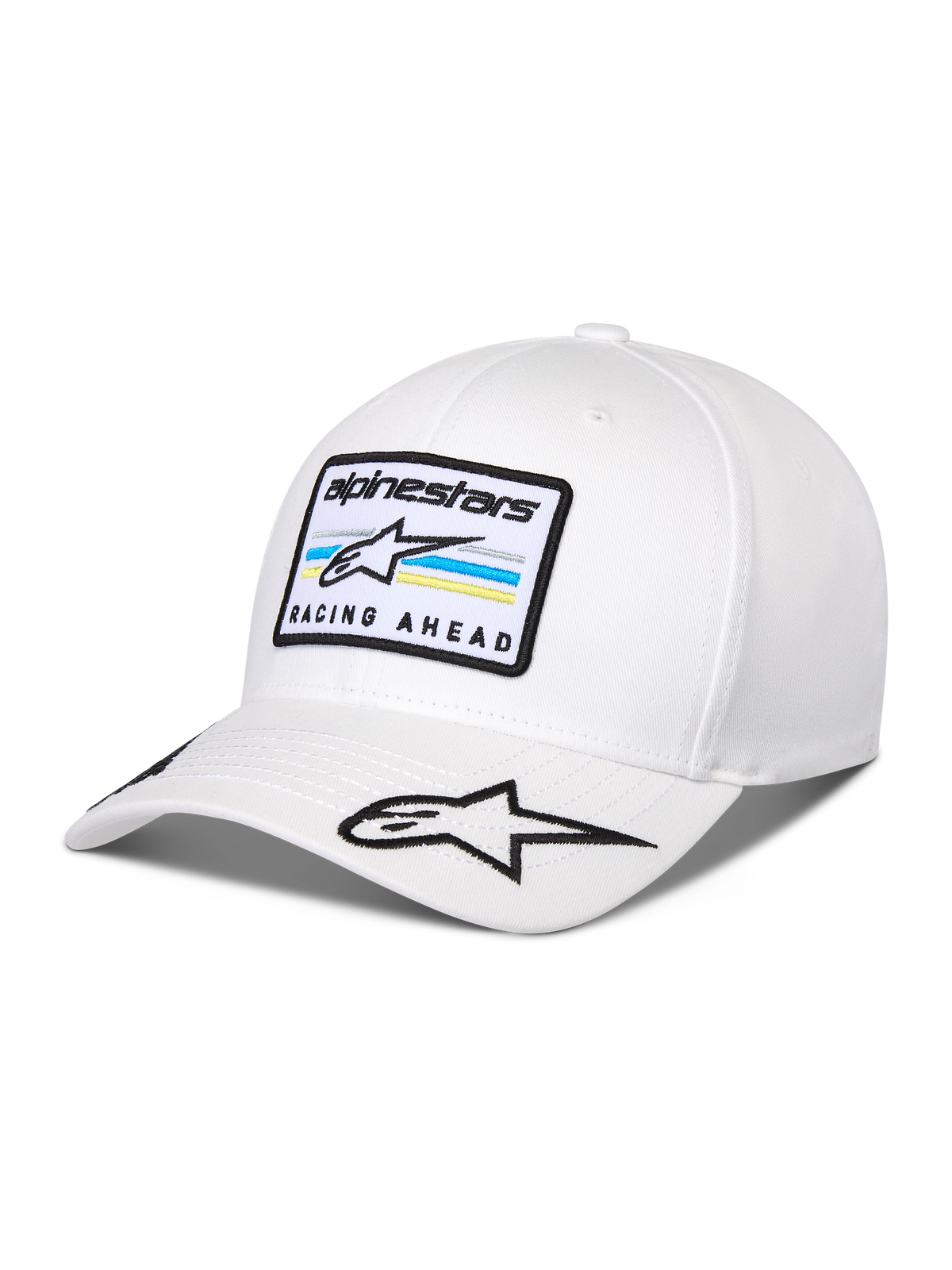 Casquette Alpinestars Surpass, casquette de baseball blanche à visière incurvée, couronne structurée, écusson brodé sur le devant avec logo Astars et texte 'RACING AHEAD', logo étoile supplémentaire sur la visière, style décontracté inspiré du sport automobile