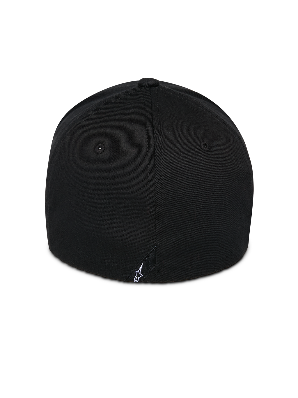 Casquette Alpinestars Corp Shift Relay, noire, vue arrière montrant un petit logo Astars blanc brodé, couronne structurée en tissu sergé, design à dos flexible pour sportswear décontracté