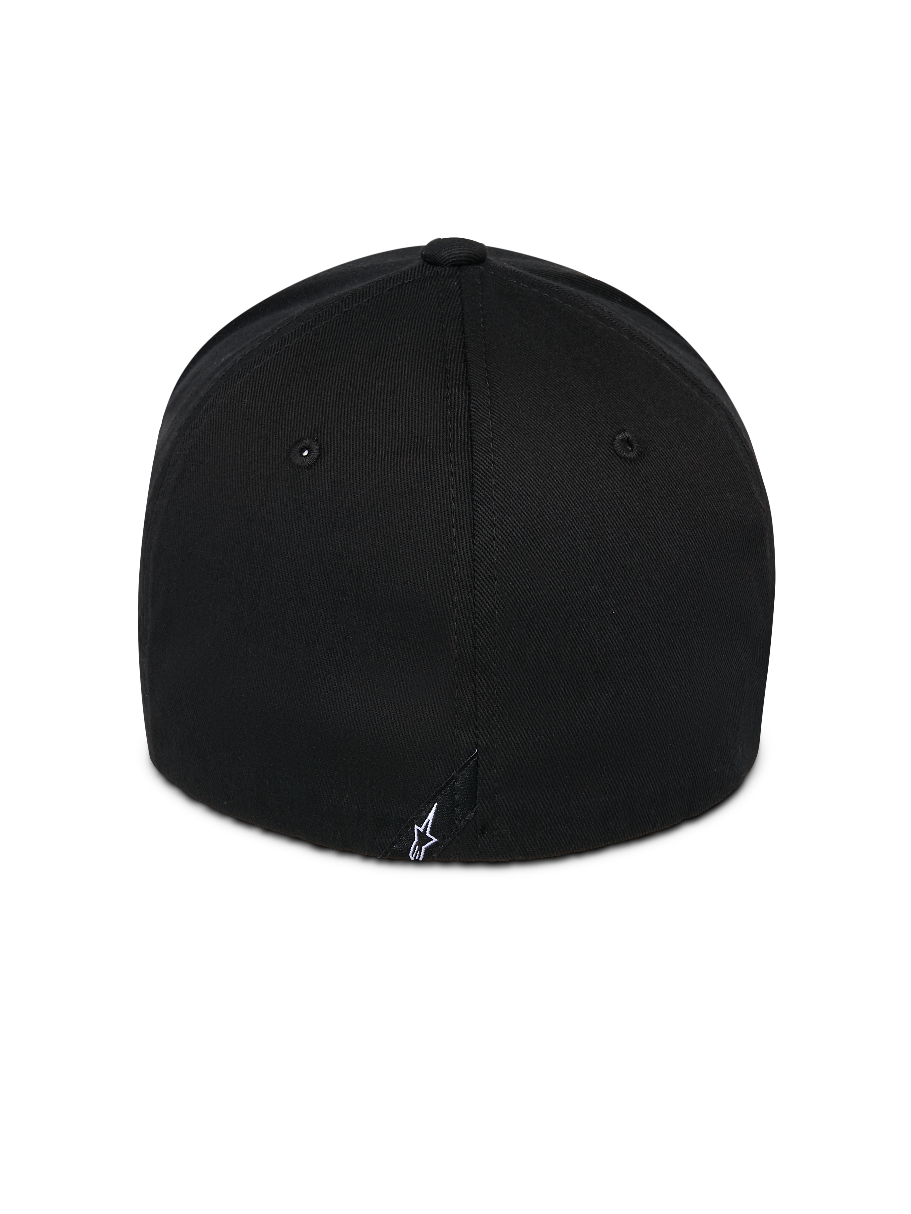 Casquette Alpinestars Corp Shift Relay, noire, vue arrière montrant un petit logo Astars blanc brodé, couronne structurée en tissu sergé, design à dos flexible pour sportswear décontracté