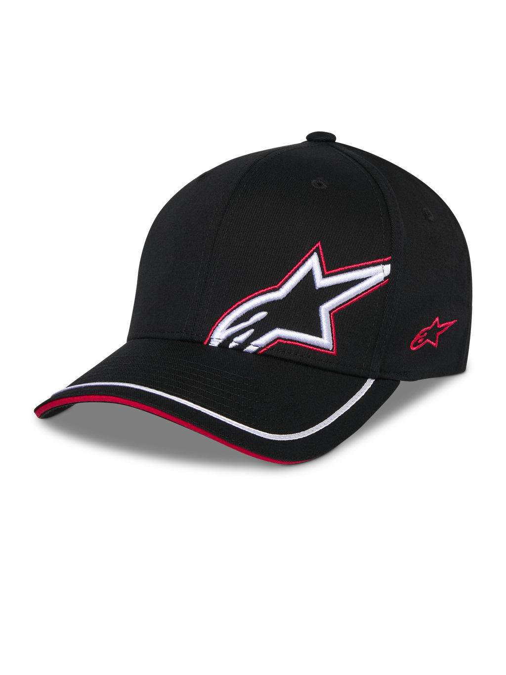 Casquette Alpinestars Corp Shift Relay, noire, casquette de baseball en sergé structuré avec visière incurvée, logo Astars 3D blanc avec contour brodé rouge sur le devant, logo rouge sur le côté, liseré blanc sur la visière avec détail sandwich rouge, couvre-chef décontracté inspiré du sport automobile.