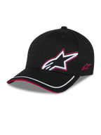 Casquette Alpinestars Corp Shift Relay, noire, casquette de baseball en sergé structuré avec visière incurvée, logo Astars 3D blanc avec contour brodé rouge sur le devant, logo rouge sur le côté, liseré blanc sur la visière avec détail sandwich rouge, couvre-chef décontracté inspiré du sport automobile.