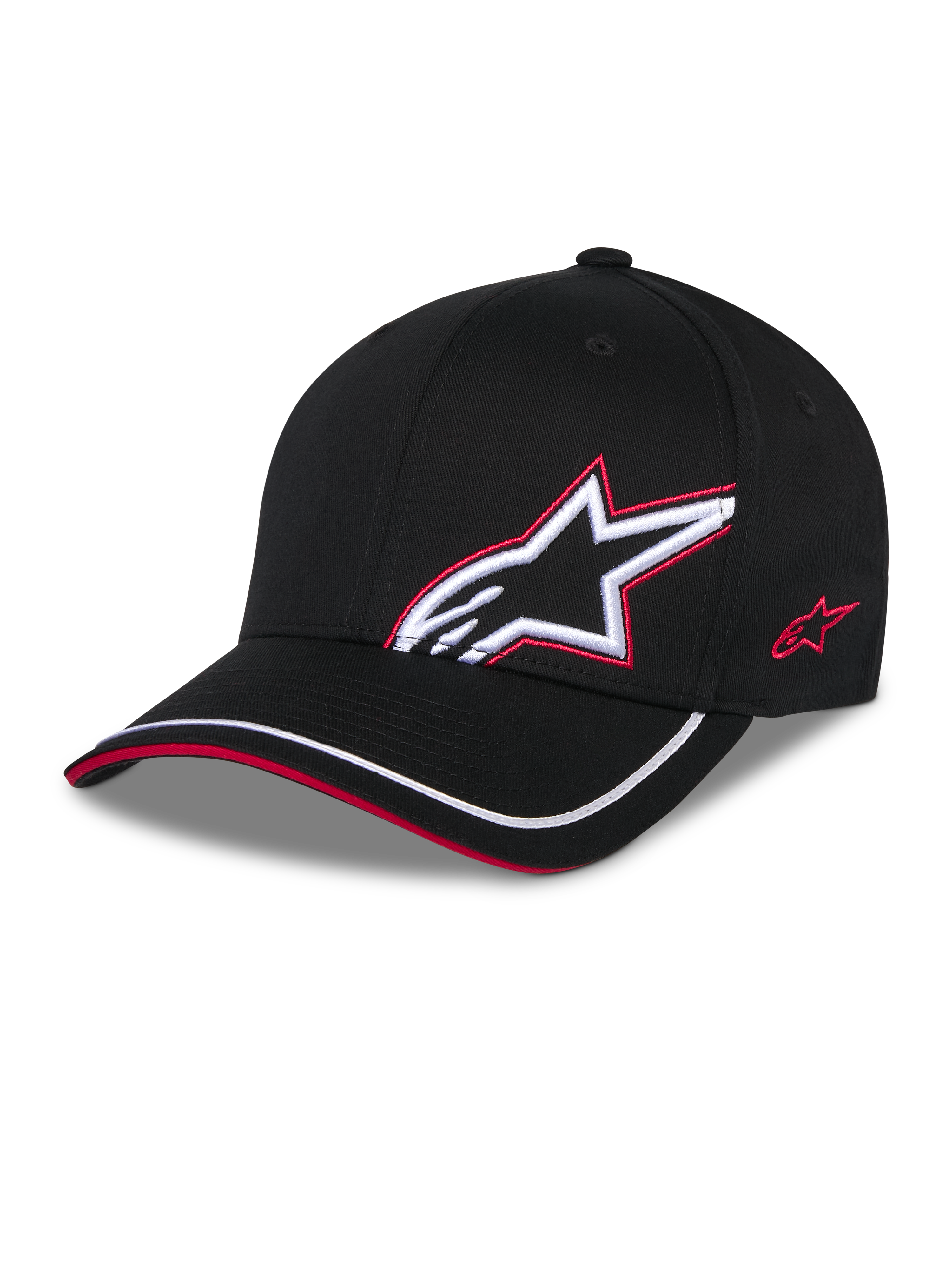 Casquette Alpinestars Corp Shift Relay, noire, casquette de baseball en sergé structuré avec visière incurvée, logo Astars 3D blanc avec contour brodé rouge sur le devant, logo rouge sur le côté, liseré blanc sur la visière avec détail sandwich rouge, couvre-chef décontracté inspiré du sport automobile.