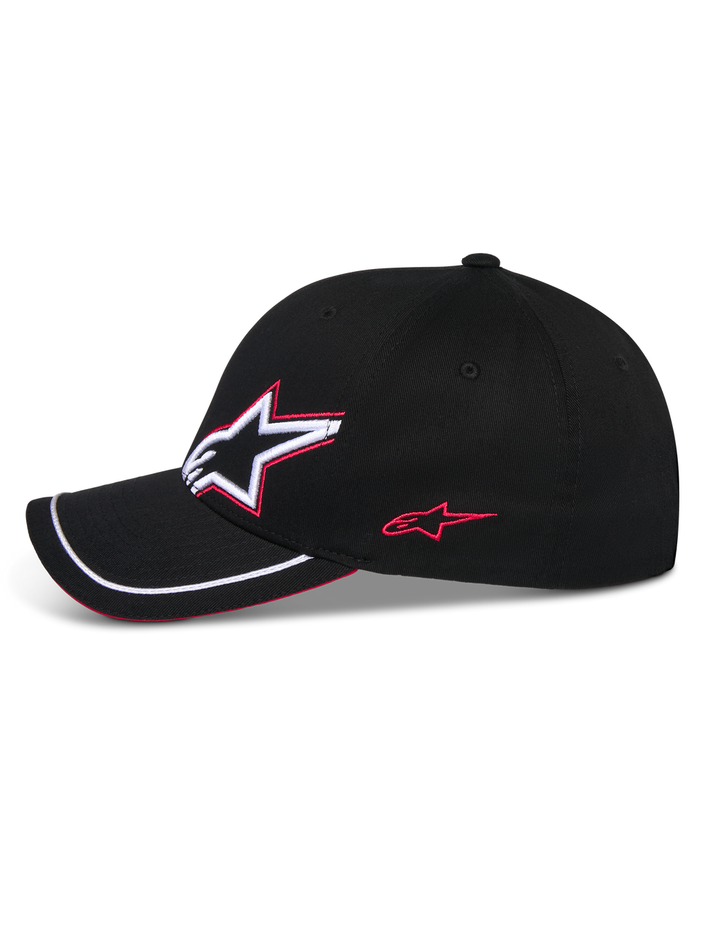 Casquette Alpinestars Corp Shift Relay, casquette de baseball noire, profil latéral avec broderie du logo Astars en 3D blanc et rouge, visière incurvée avec liseré sutache blanc et détail sandwich rouge, couvre-chef motorsport décontracté