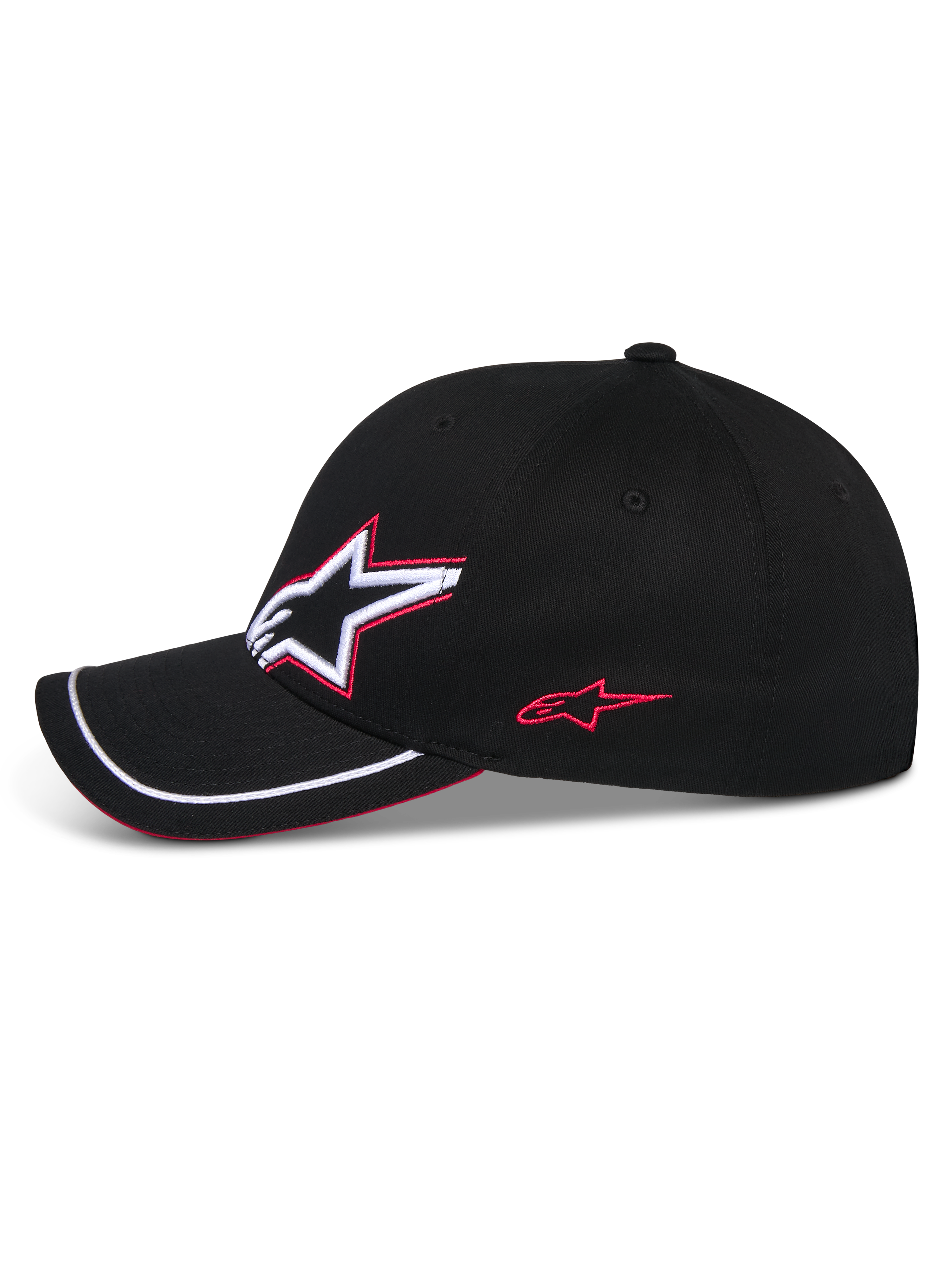 Casquette Alpinestars Corp Shift Relay, casquette de baseball noire, profil latéral avec broderie du logo Astars en 3D blanc et rouge, visière incurvée avec liseré sutache blanc et détail sandwich rouge, couvre-chef motorsport décontracté