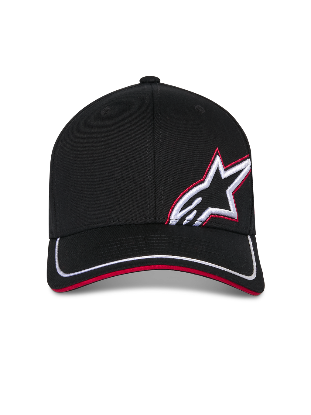 Casquette Alpinestars Corp Shift Relay, casquette de baseball noire, visière incurvée avec liseré blanc et sandwich rouge, logo Astars brodé en 3D blanc et rouge sur le devant, style sportswear décontracté inspiré du sport automobile