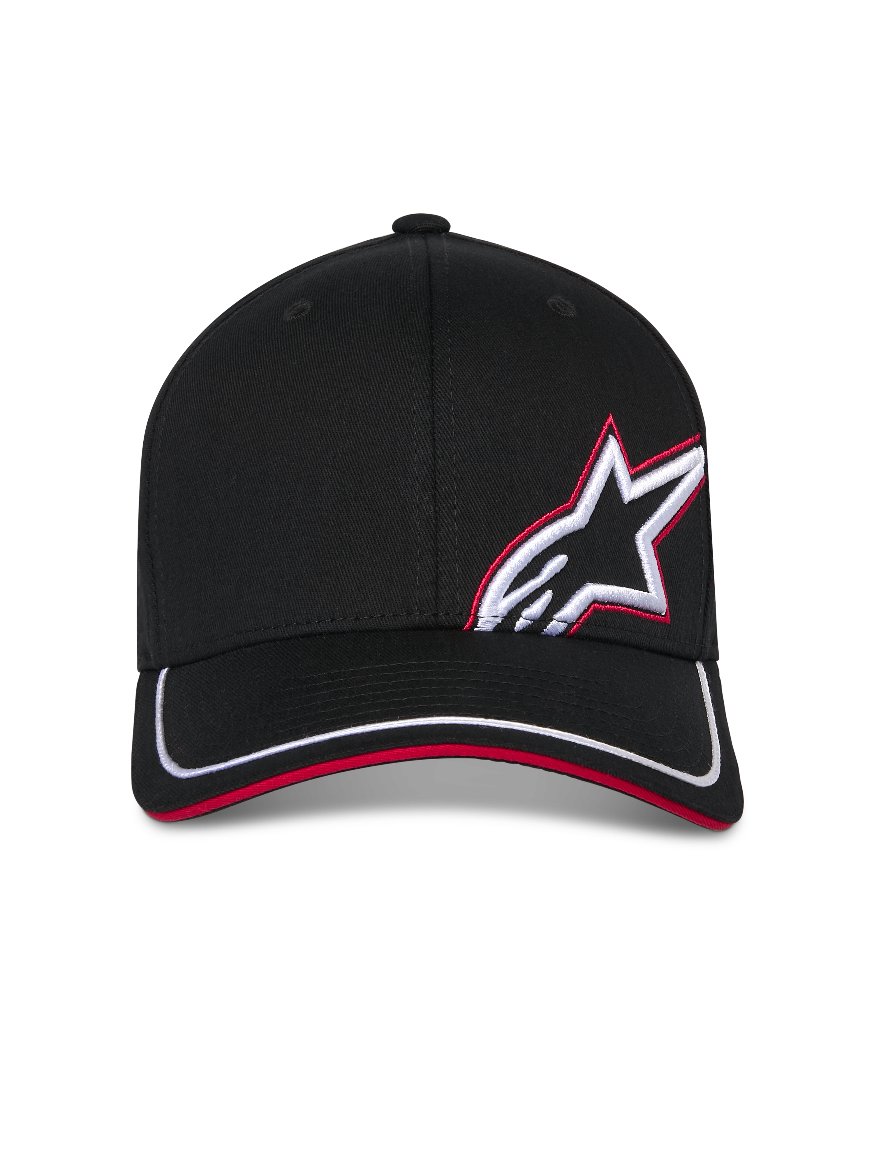 Casquette Alpinestars Corp Shift Relay, casquette de baseball noire, visière incurvée avec liseré blanc et sandwich rouge, logo Astars brodé en 3D blanc et rouge sur le devant, style sportswear décontracté inspiré du sport automobile