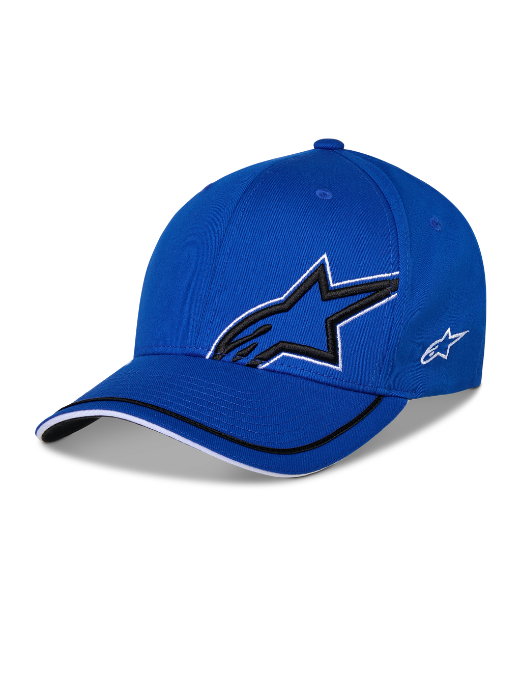 Casquette Alpinestars Corp Shift Relay, casquette de baseball structurée bleue, grand logo étoile Astars noir en 3D avec contour blanc, petit logo blanc sur le côté, visière incurvée avec détails de bordure noirs et blancs