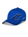 Casquette Alpinestars Corp Shift Relay, casquette de baseball structurée bleue, grand logo étoile Astars noir en 3D avec contour blanc, petit logo blanc sur le côté, visière incurvée avec détails de bordure noirs et blancs