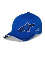 Casquette Alpinestars Corp Shift Relay, casquette de baseball structurée bleue, grand logo étoile Astars noir en 3D avec contour blanc, petit logo blanc sur le côté, visière incurvée avec détails de bordure noirs et blancs