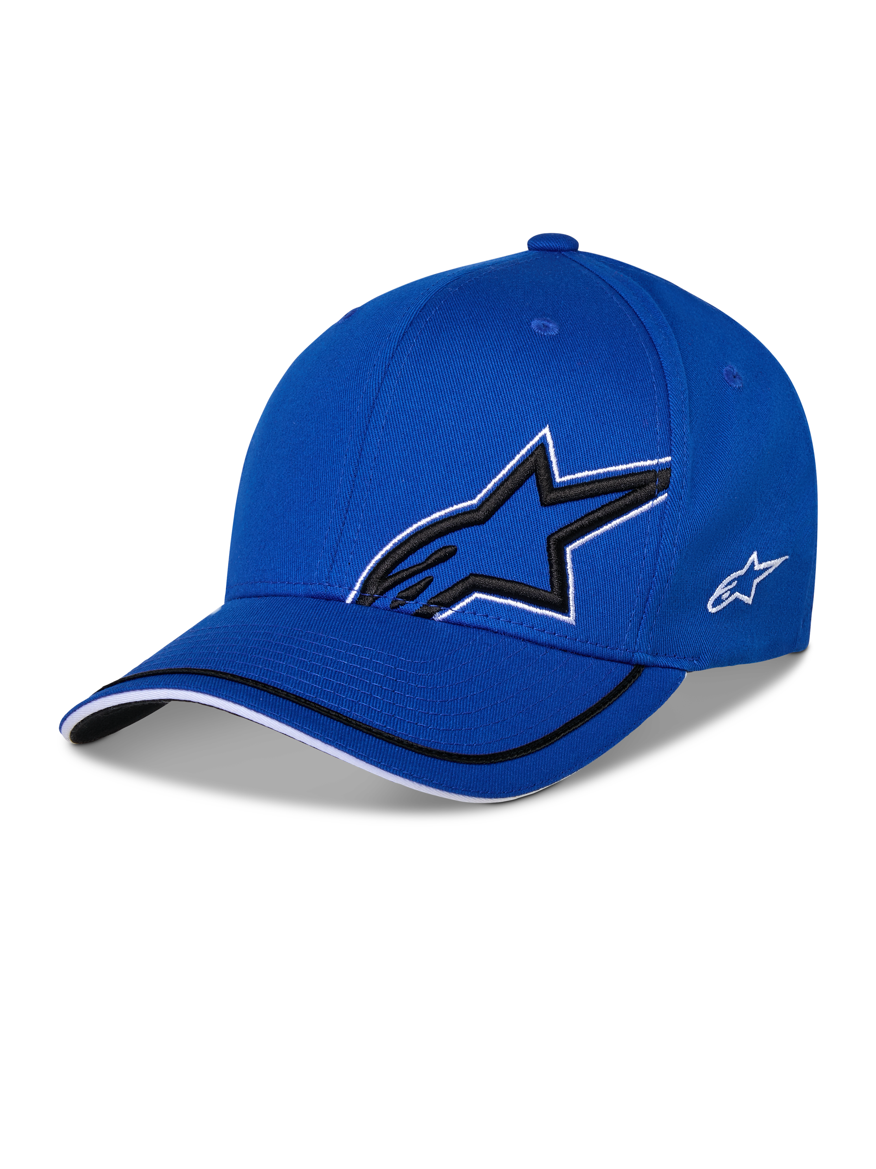 Casquette Alpinestars Corp Shift Relay, casquette de baseball structurée bleue, grand logo étoile Astars noir en 3D avec contour blanc, petit logo blanc sur le côté, visière incurvée avec détails de bordure noirs et blancs
