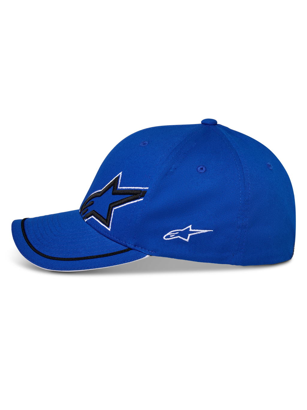 Casquette Alpinestars Corp Shift Relay, bleue, vue de profil, visière incurvée avec garniture sutache noire et bord sandwich blanc, grand logo 3D Astars à l'avant et logo blanc plus petit sur le côté, casquette sportswear décontractée