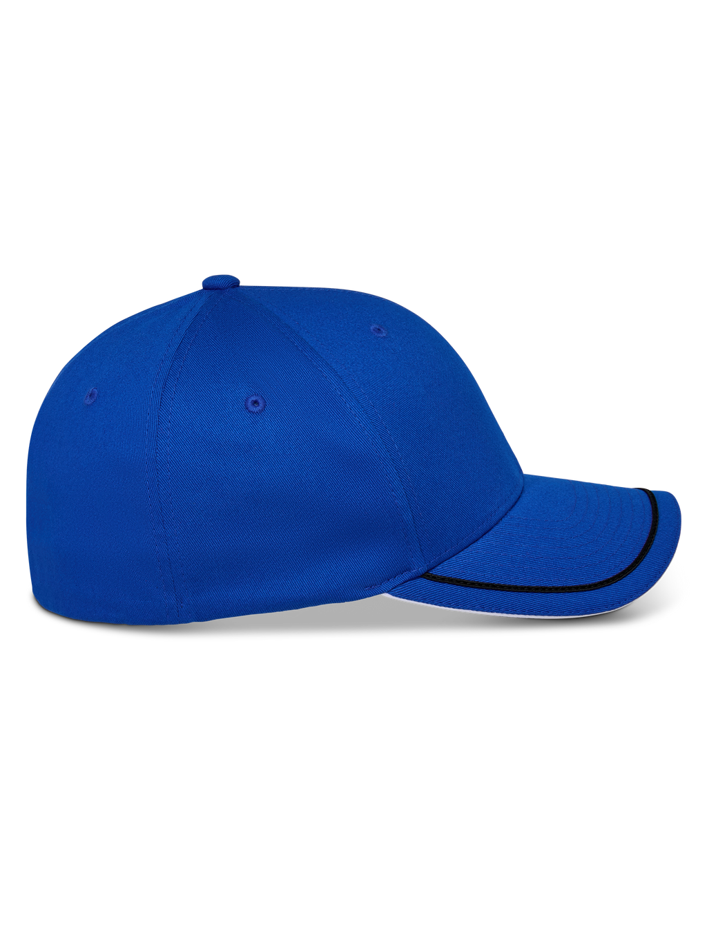 Casquette Corp Shift Relay Alpinestars, casquette de baseball structurée, bleue, vue de profil présentant une visière incurvée avec garniture sutache noire et détail sandwich blanc, couvre-chef décontracté inspiré du sport automobile
